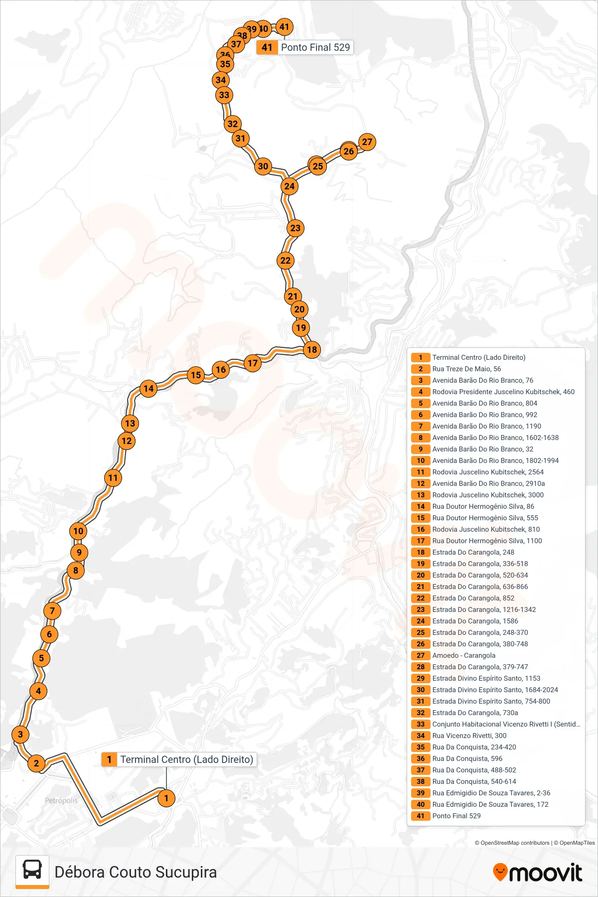 Rota e paradas da linha de ônibus 529 (Débora Couto Sucupira) no mapa