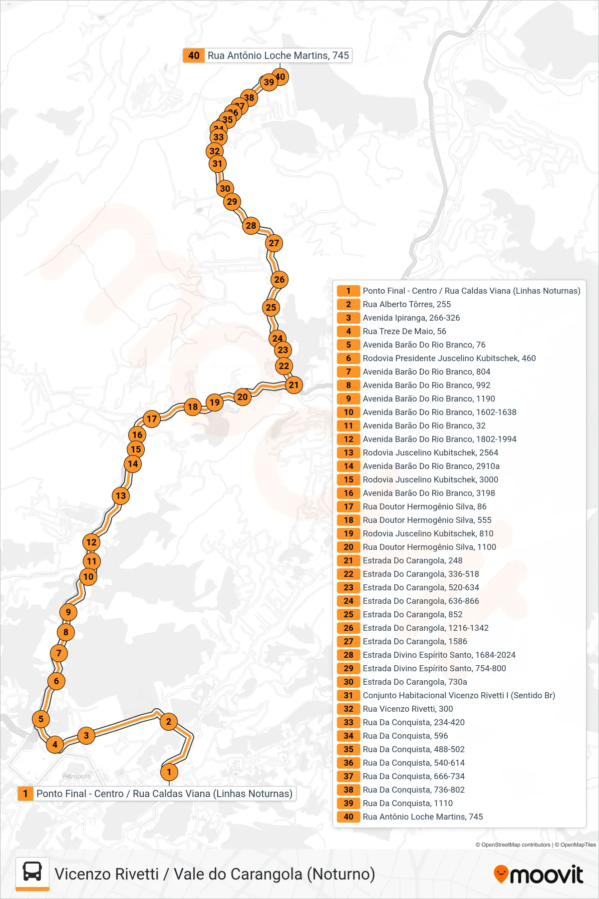 Rota e paradas da linha de ônibus 598 (Vicenzo Rivetti) no mapa