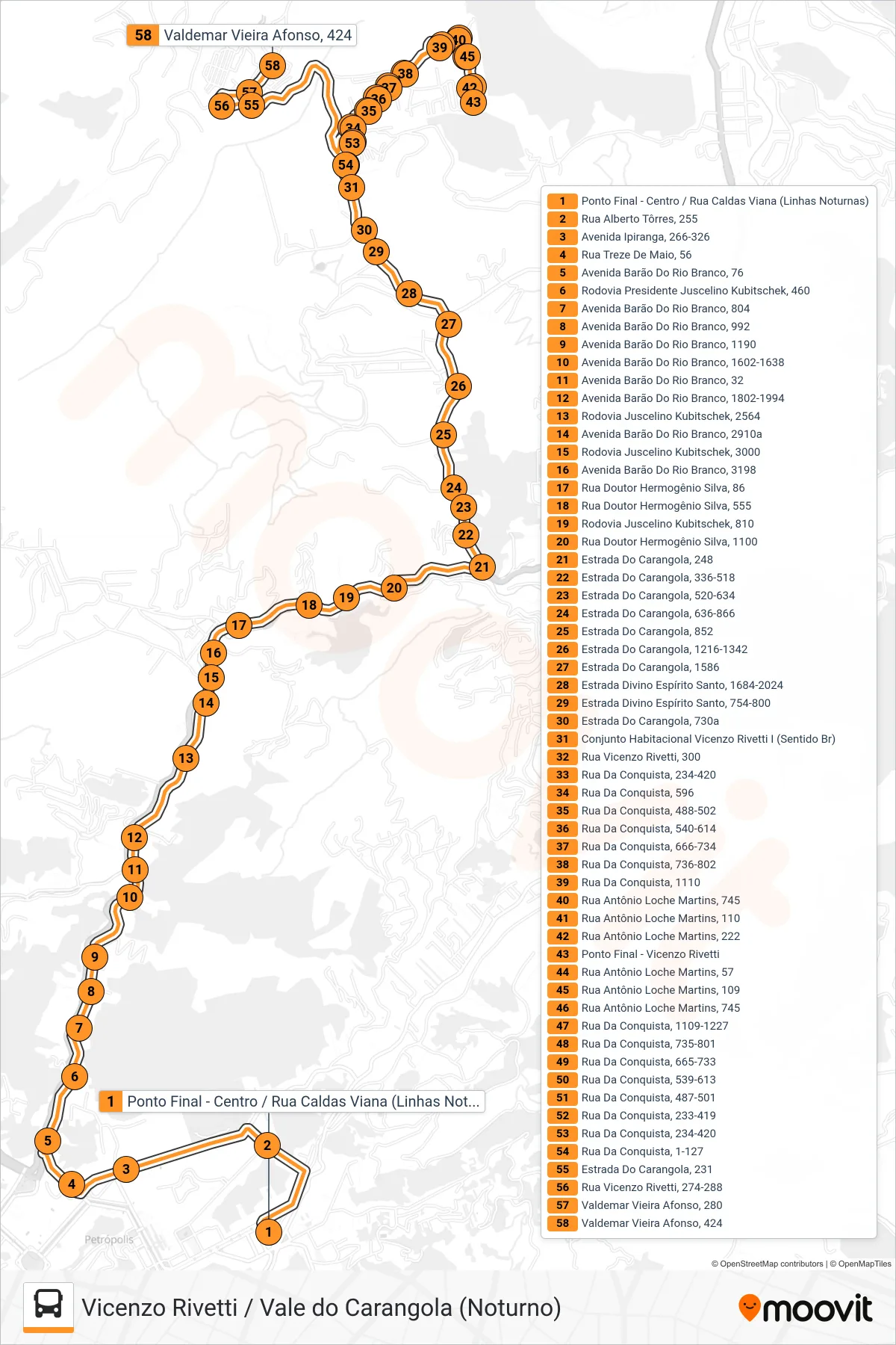 Rota e paradas da linha de ônibus  598  (Vale Do Carangola (Via Vicenzo Rivetti)) no mapa
