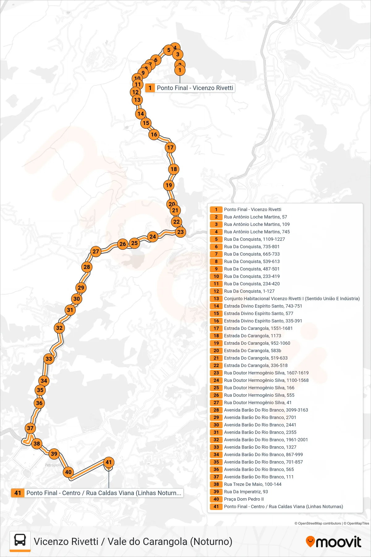 Rota e paradas da linha de ônibus 598 (Centro) no mapa