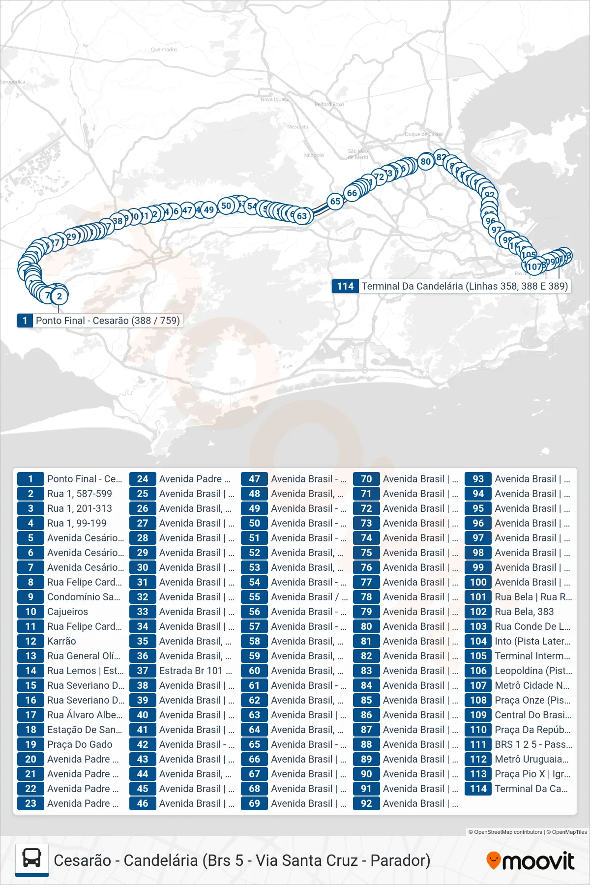 Rota e paradas da linha de ônibus 388 (Candelária) no mapa