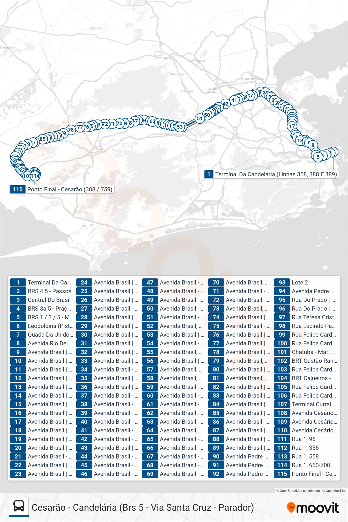 Rota e paradas da linha de ônibus 388 (Cesarão) no mapa