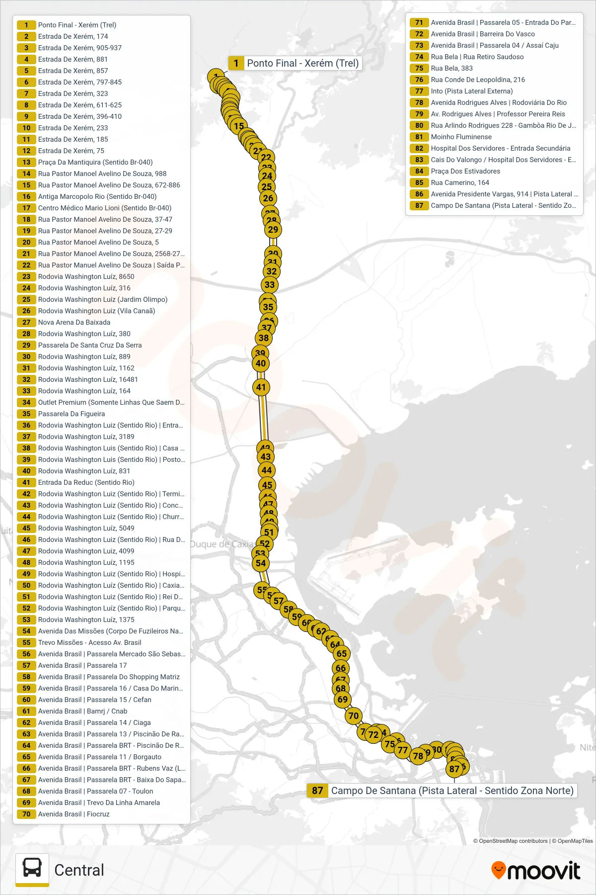 Rota e paradas da linha de ônibus 486C (Central) no mapa