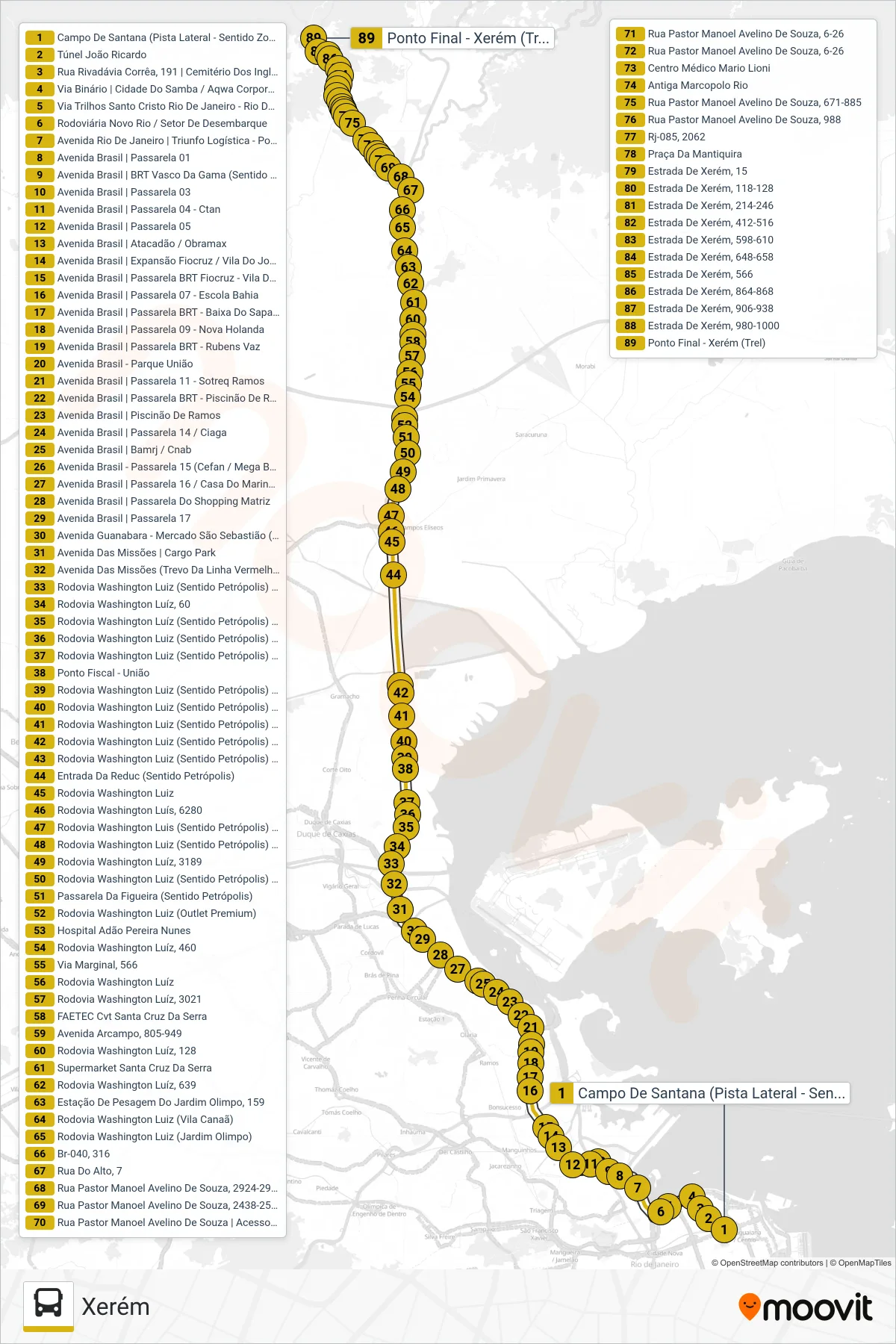 Rota e paradas da linha de ônibus 486C (Xerém) no mapa