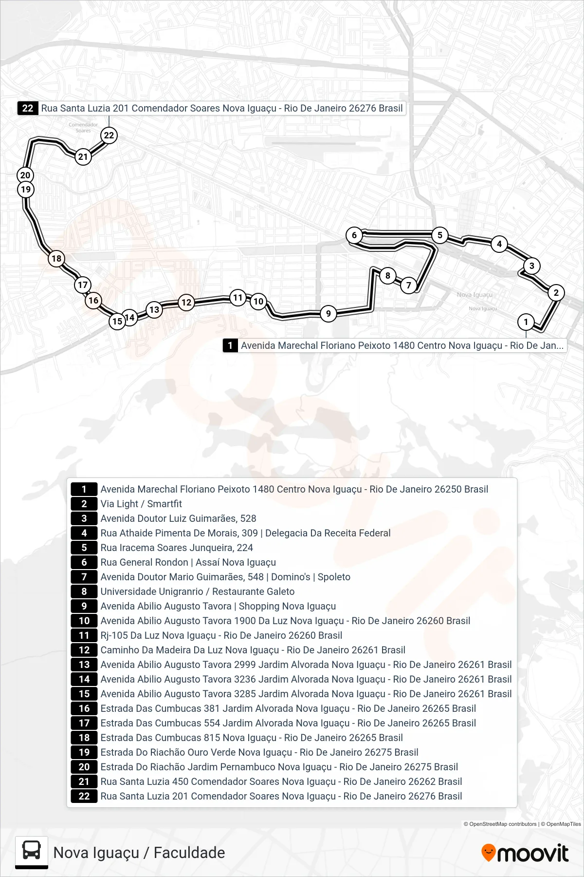 Rota e paradas da linha de ônibus 2012 (Faculdade) no mapa