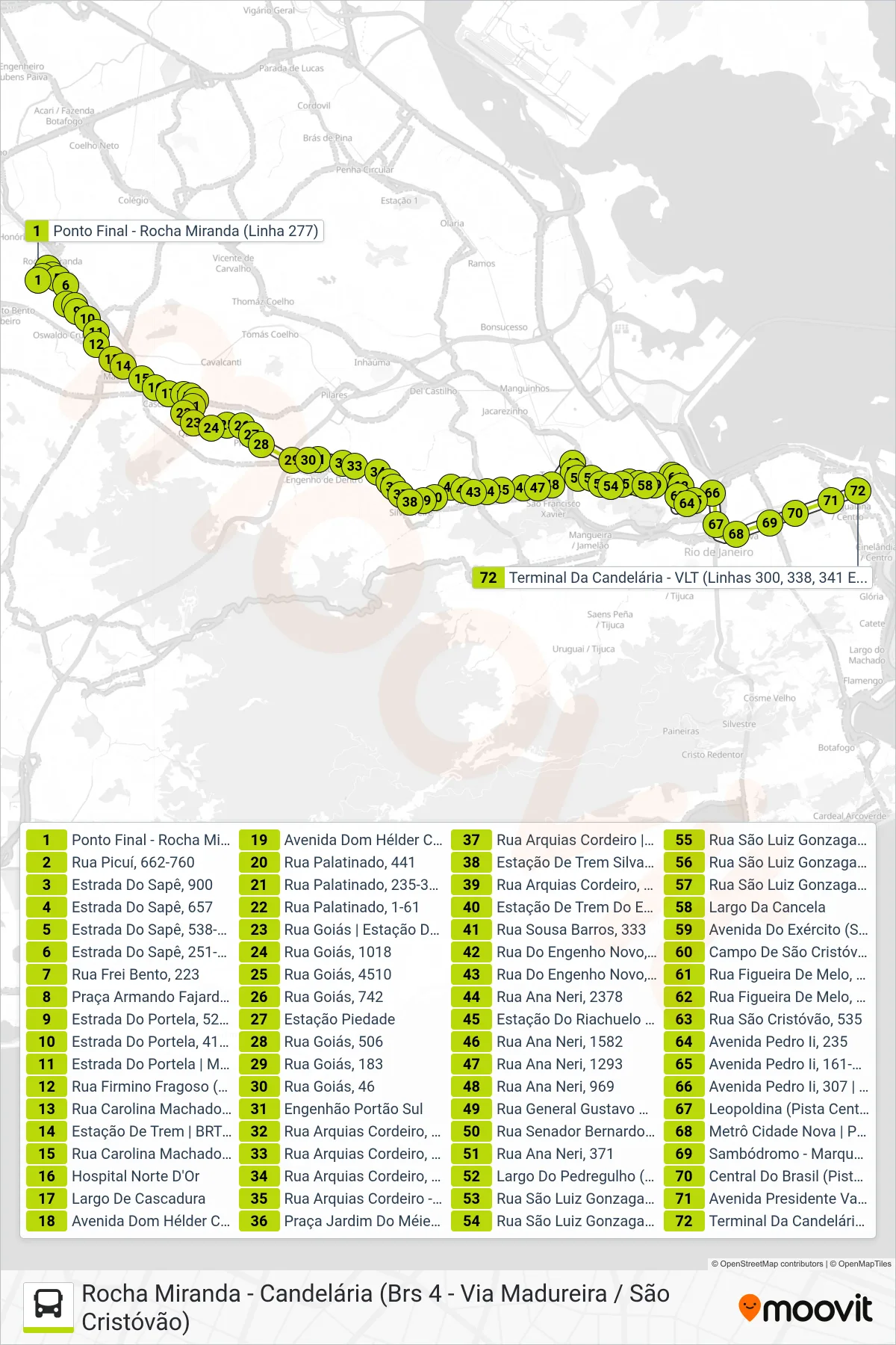 Rota e paradas da linha de ônibus 277 (Candelária) no mapa