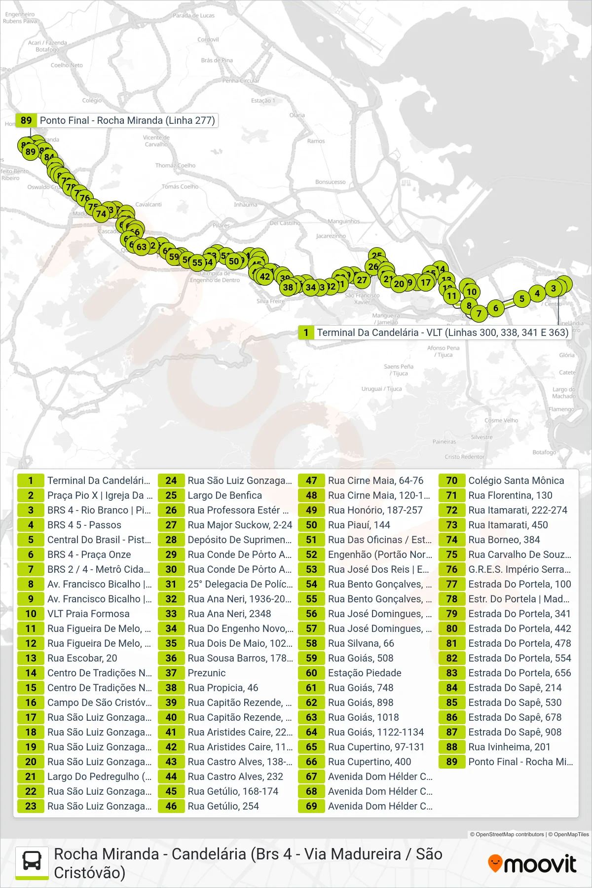 Rota e paradas da linha de ônibus 277 (Rocha Miranda) no mapa