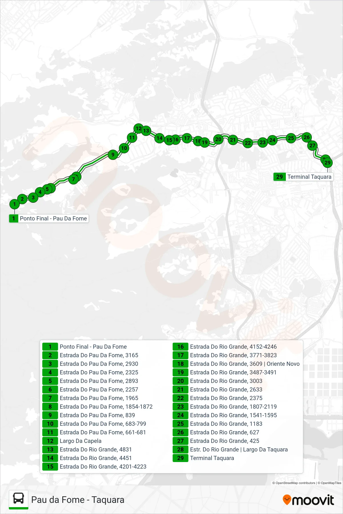 Rota e paradas da linha de ônibus 865 (Taquara) no mapa