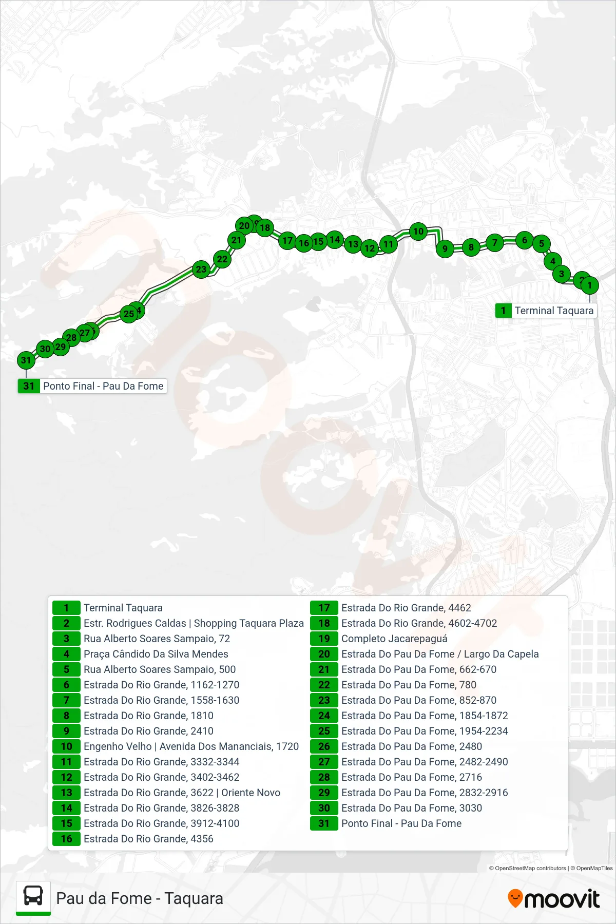 Rota e paradas da linha de ônibus 865 (Pau Da Fome) no mapa
