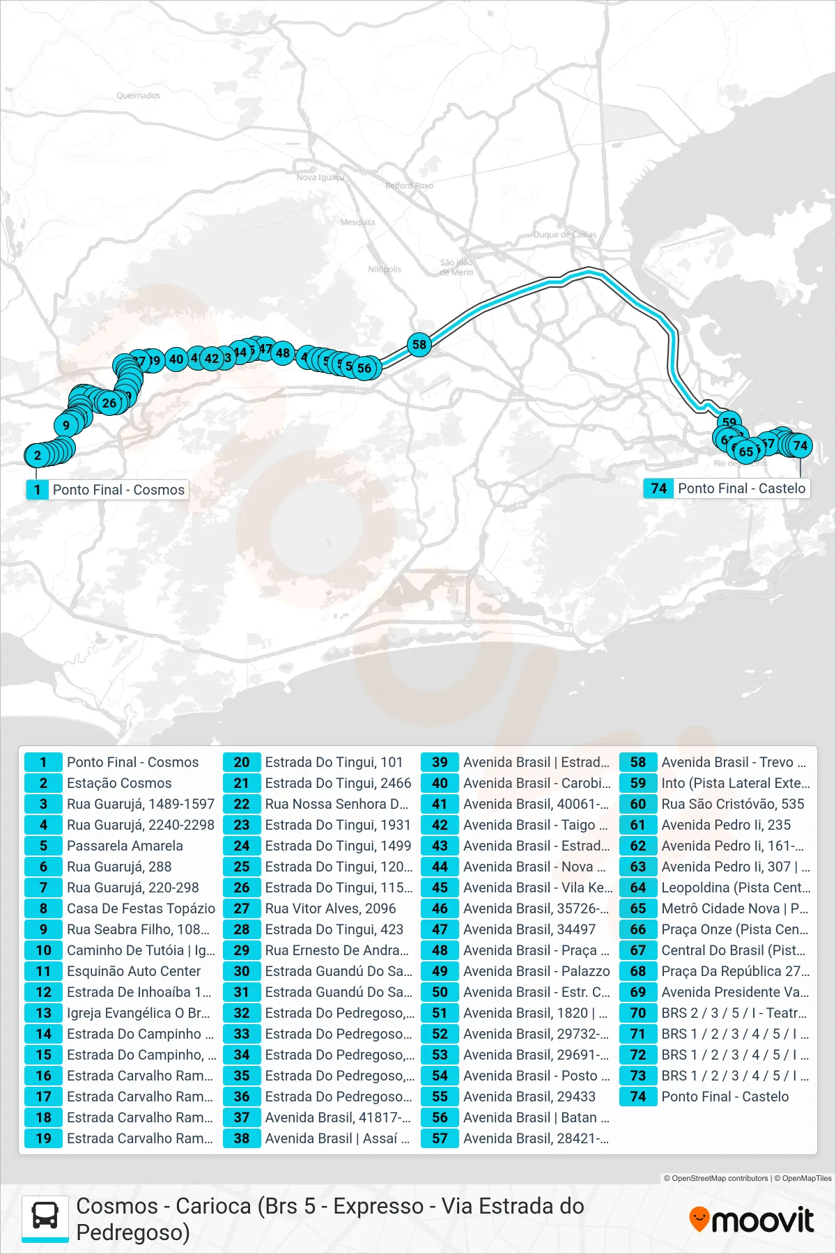 2308 bus Line (Carioca (Expresso)) route and stops on a map