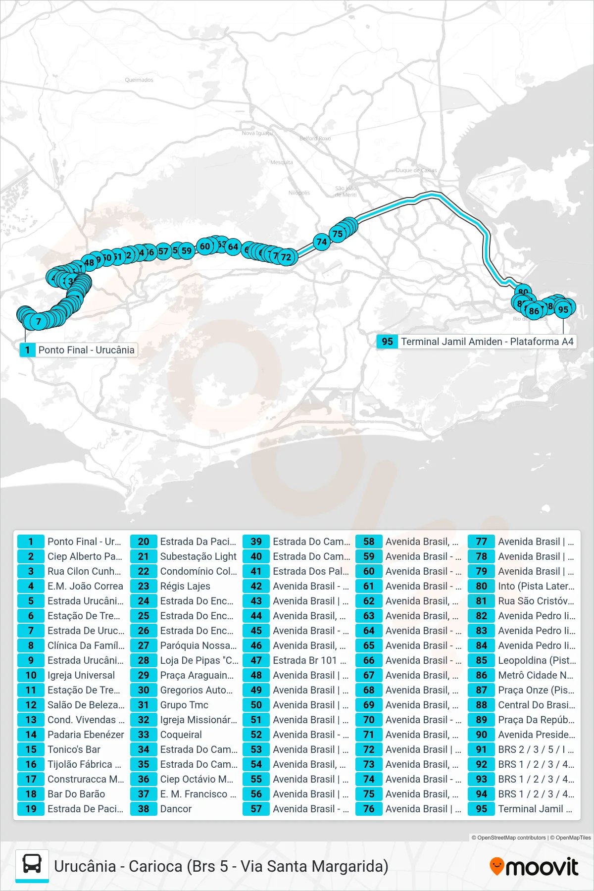 Rota e paradas da linha de ônibus 2309 (Carioca (Expresso)) no mapa