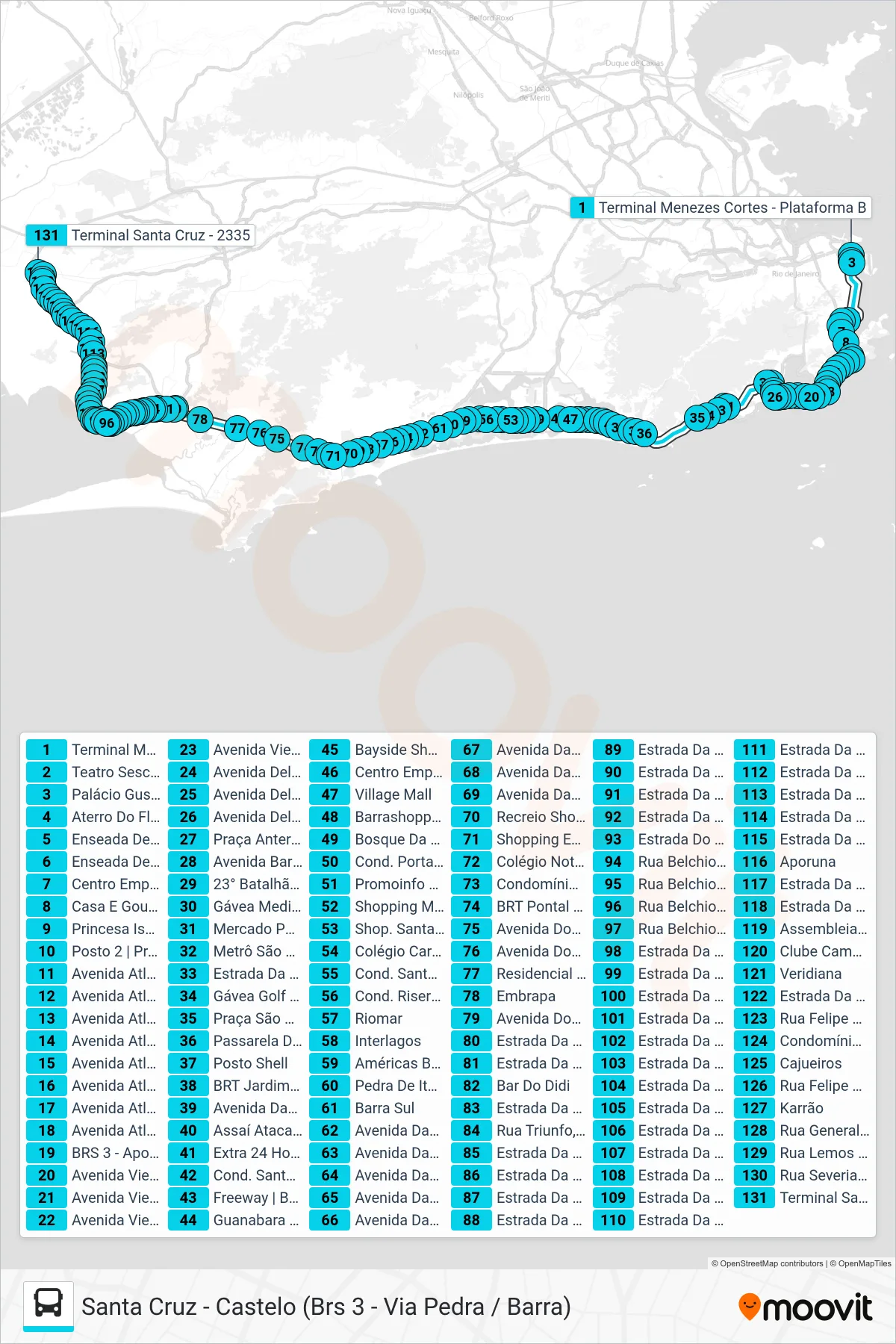 2335 bus Line (Santa Cruz) route and stops on a map