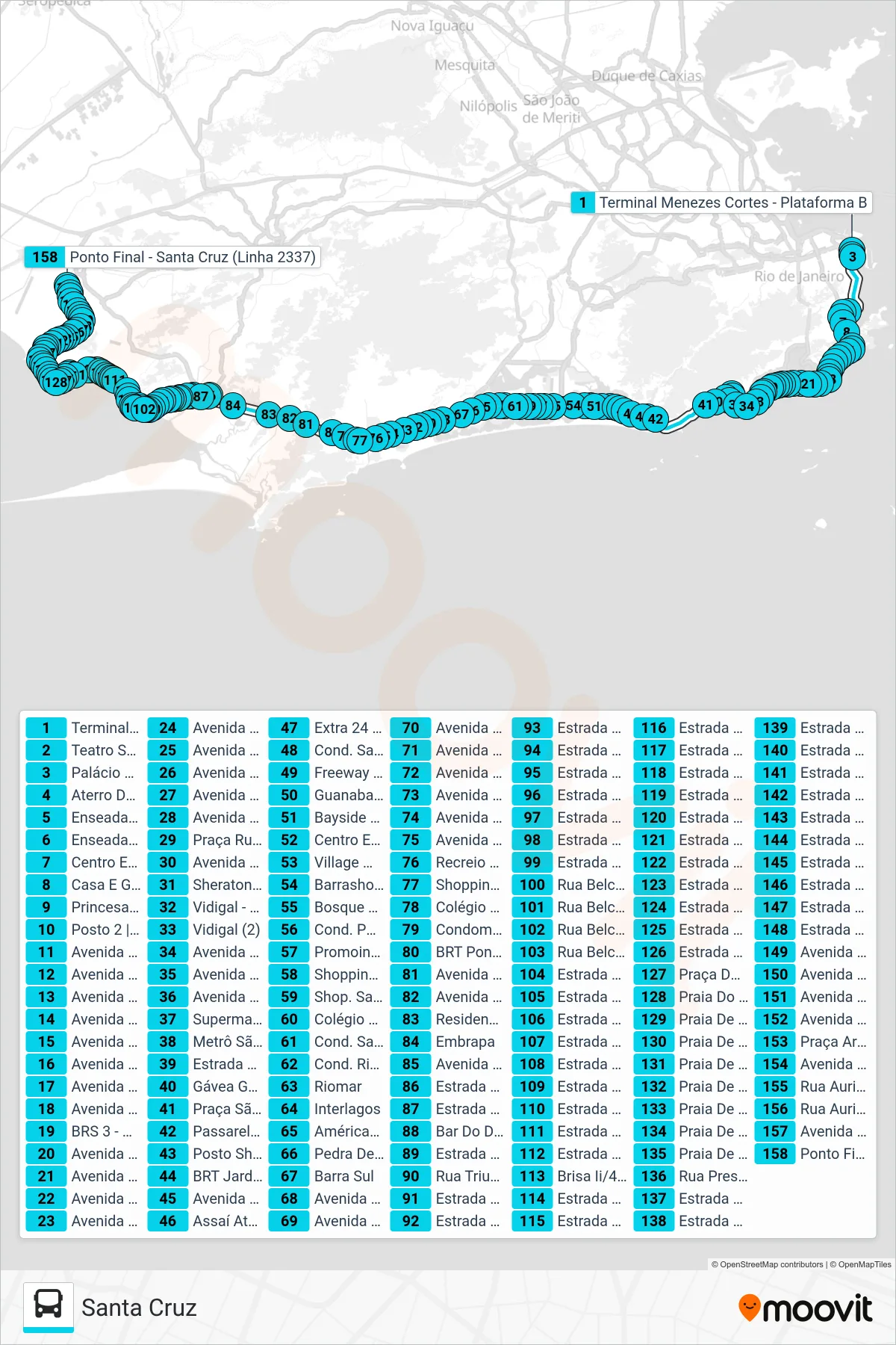 2337 bus Line (Santa Cruz) route and stops on a map