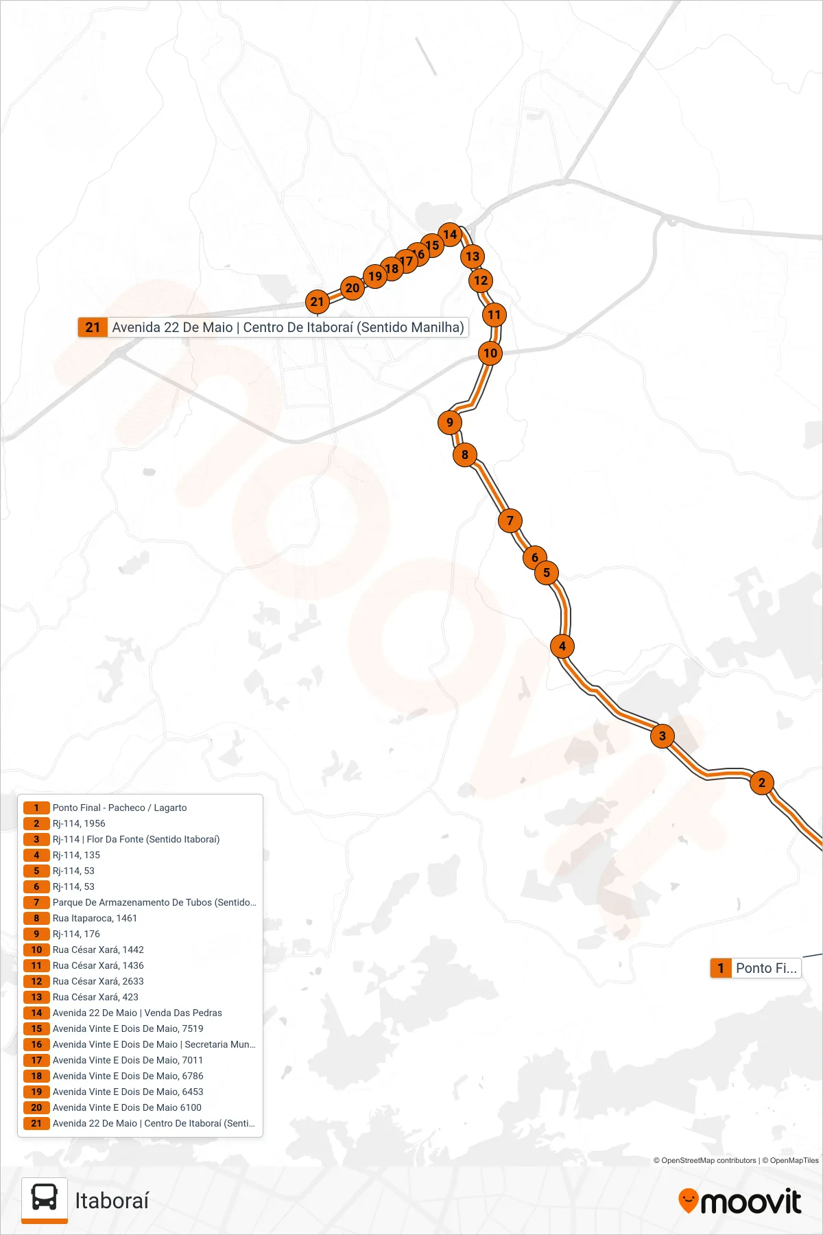 Rota e paradas da linha de ônibus 31 (Itaboraí) no mapa