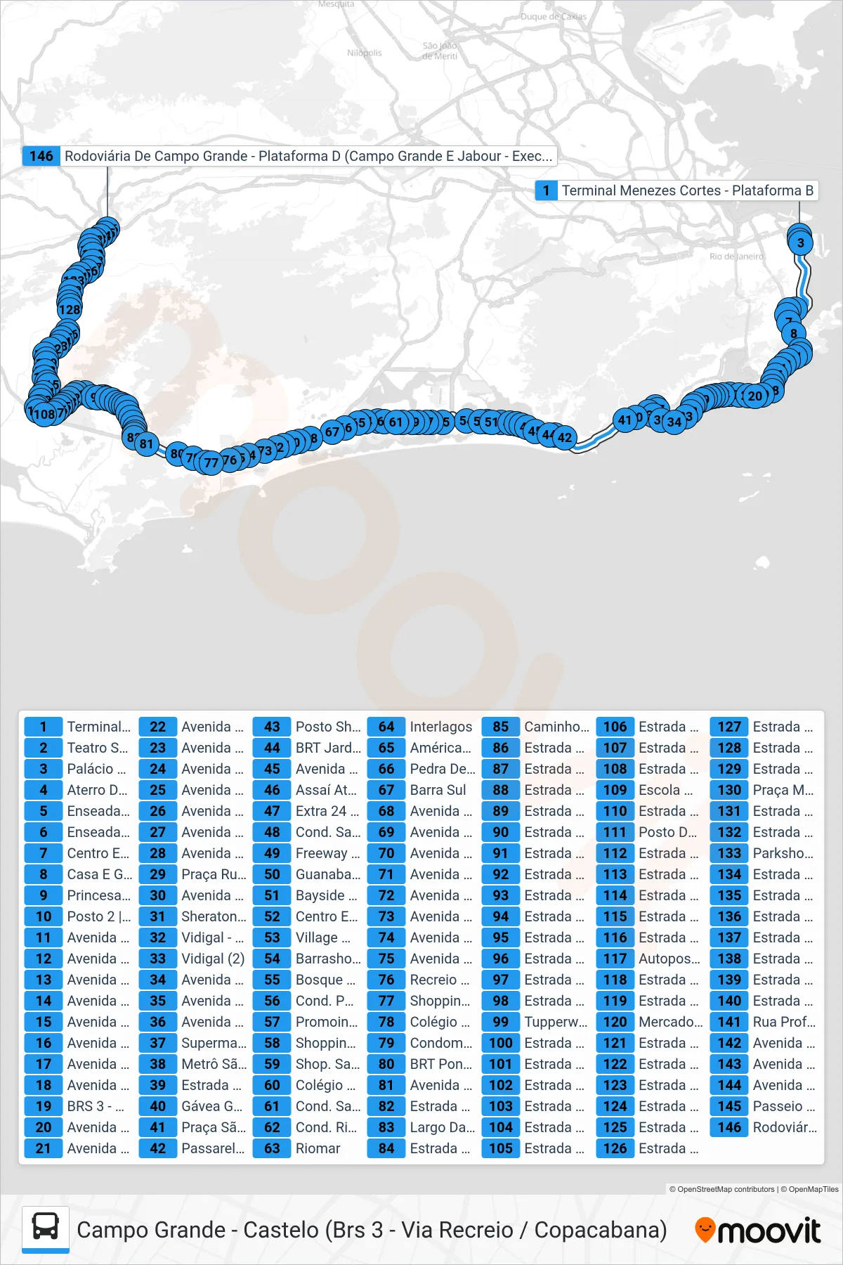Rota e paradas da linha de ônibus 2334 (Campo Grande (Via Mato Alto)) no mapa
