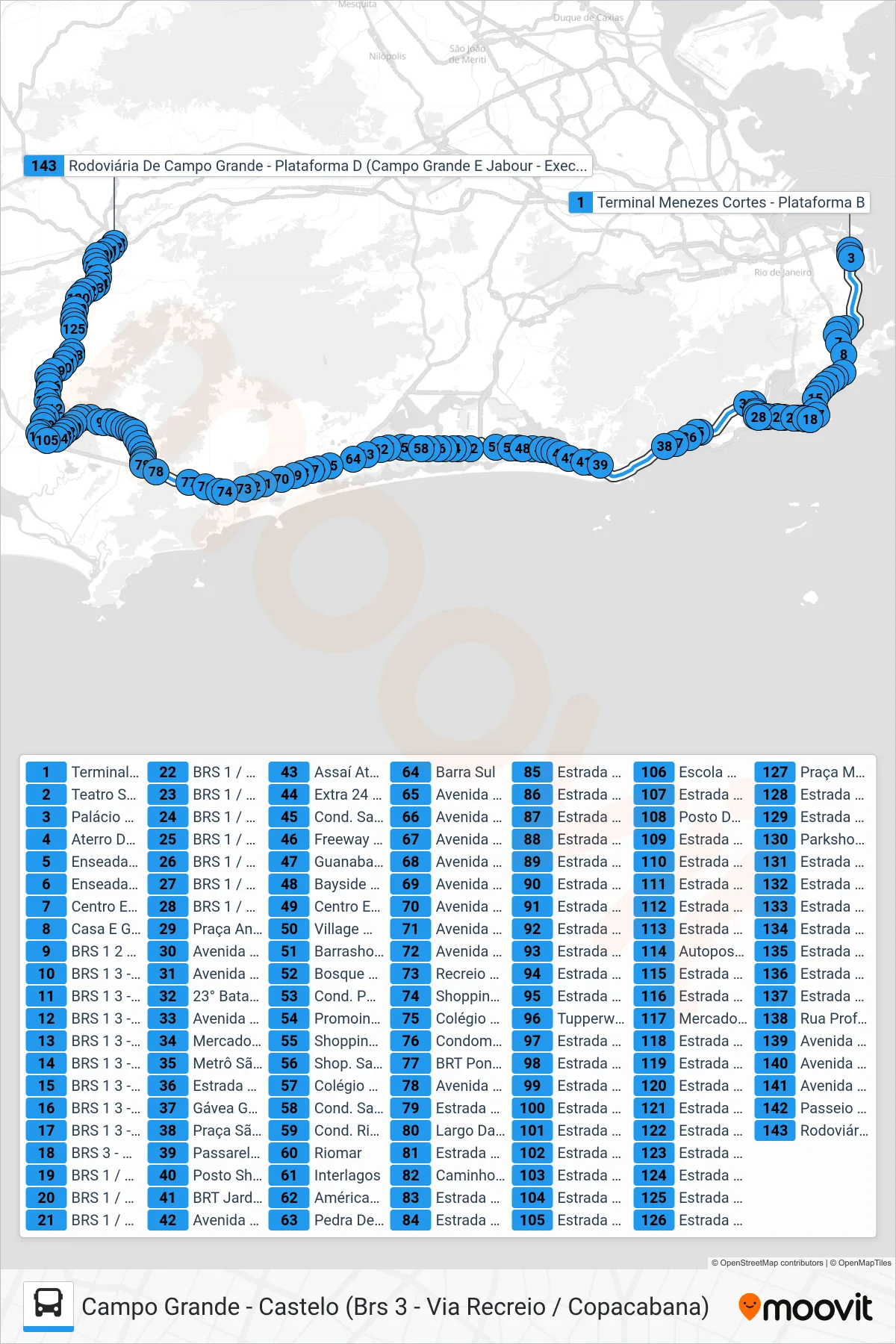 Rota e paradas da linha de ônibus 2334 (Campo Grande (Via Barata Ribeiro / Bartolomeu Mitre / Mato Alto)) no mapa