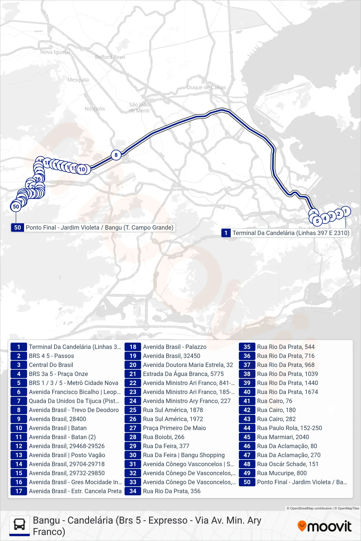 Rota e paradas da linha de ônibus 2310 (Bangu (Jardim Violeta)) no mapa