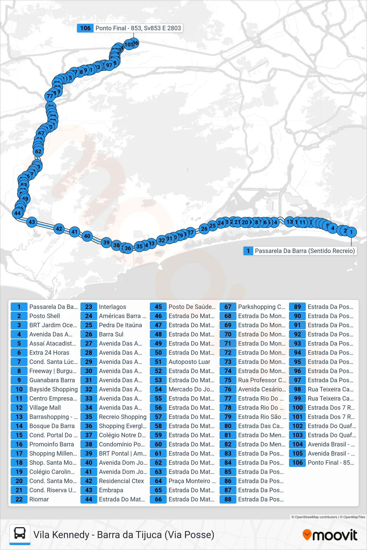 Rota e paradas da linha de ônibus  2803  (Vila Kennedy) no mapa