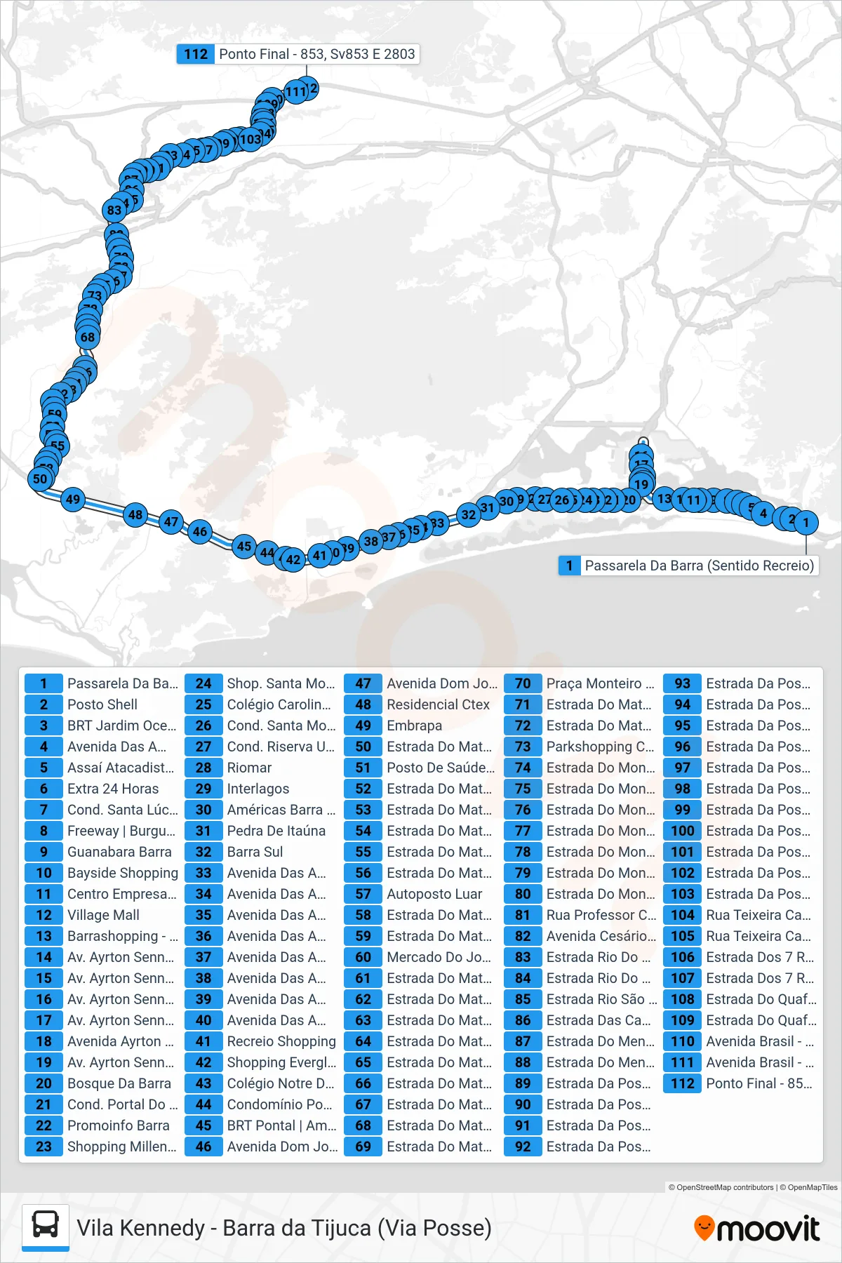 2803 bus Line (Vila Kennedy (Via Ayrton Senna)) route and stops on a map
