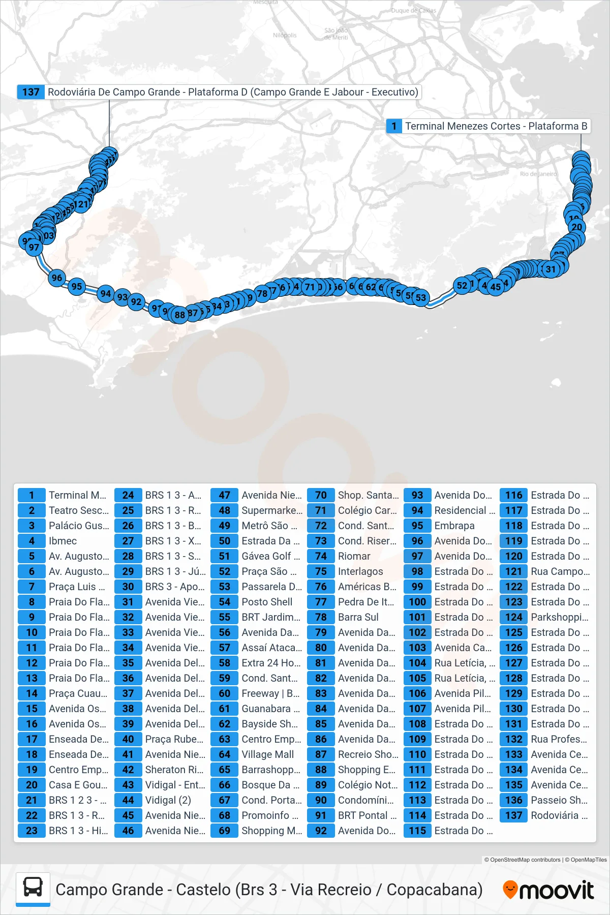 Rota e paradas da linha de ônibus 2338 (Campo Grande (Via Praia Do Flamengo)) no mapa