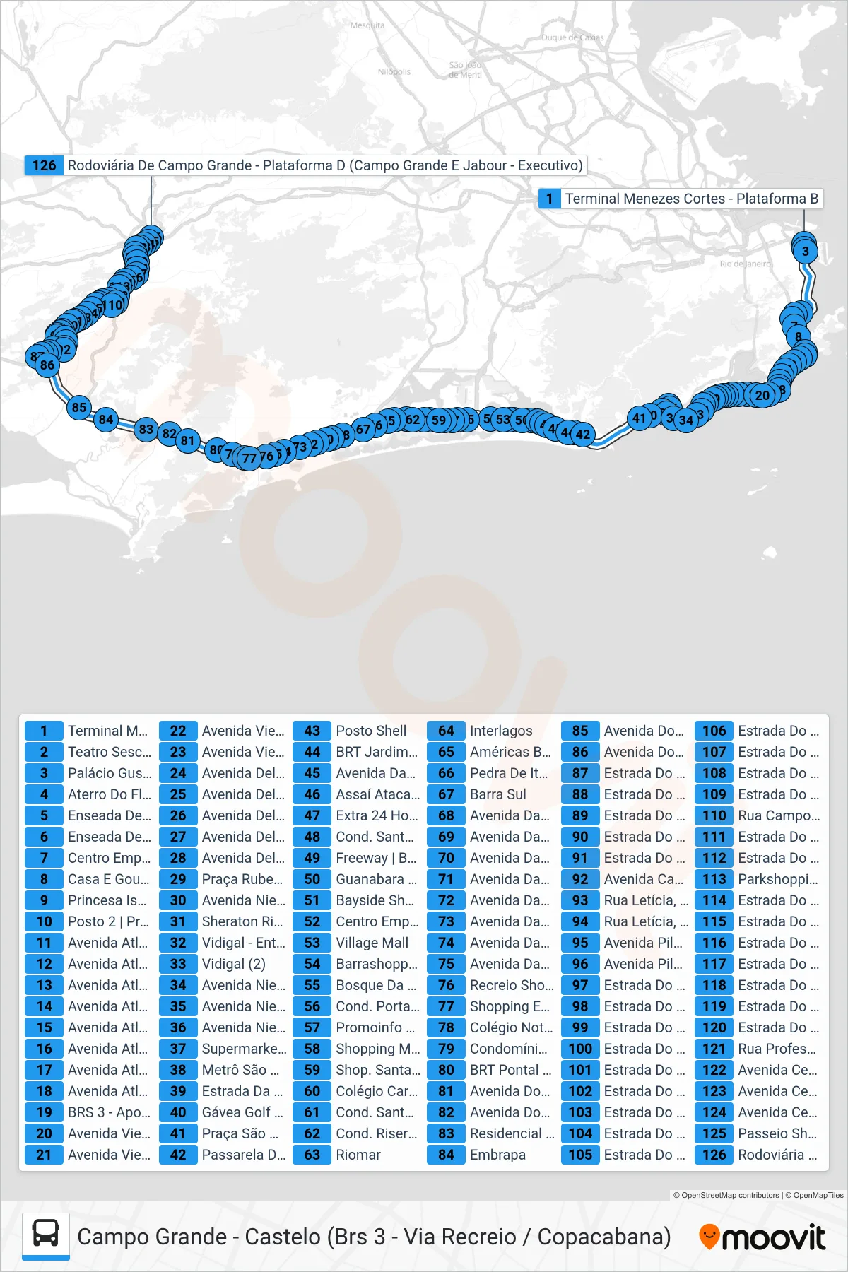Rota e paradas da linha de ônibus 2338 (Campo Grande) no mapa