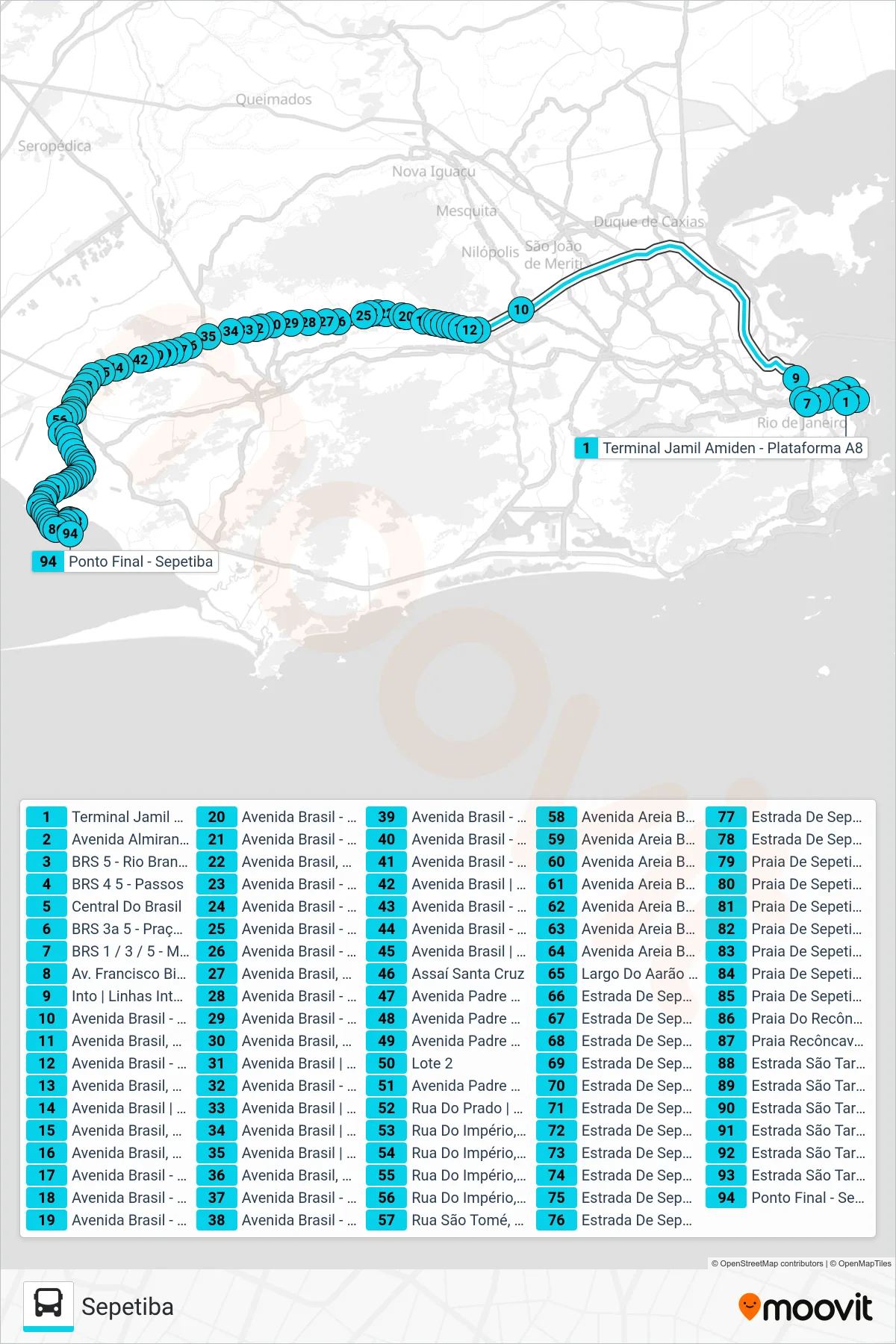 Rota e paradas da linha de ônibus 2383 (Sepetiba) no mapa