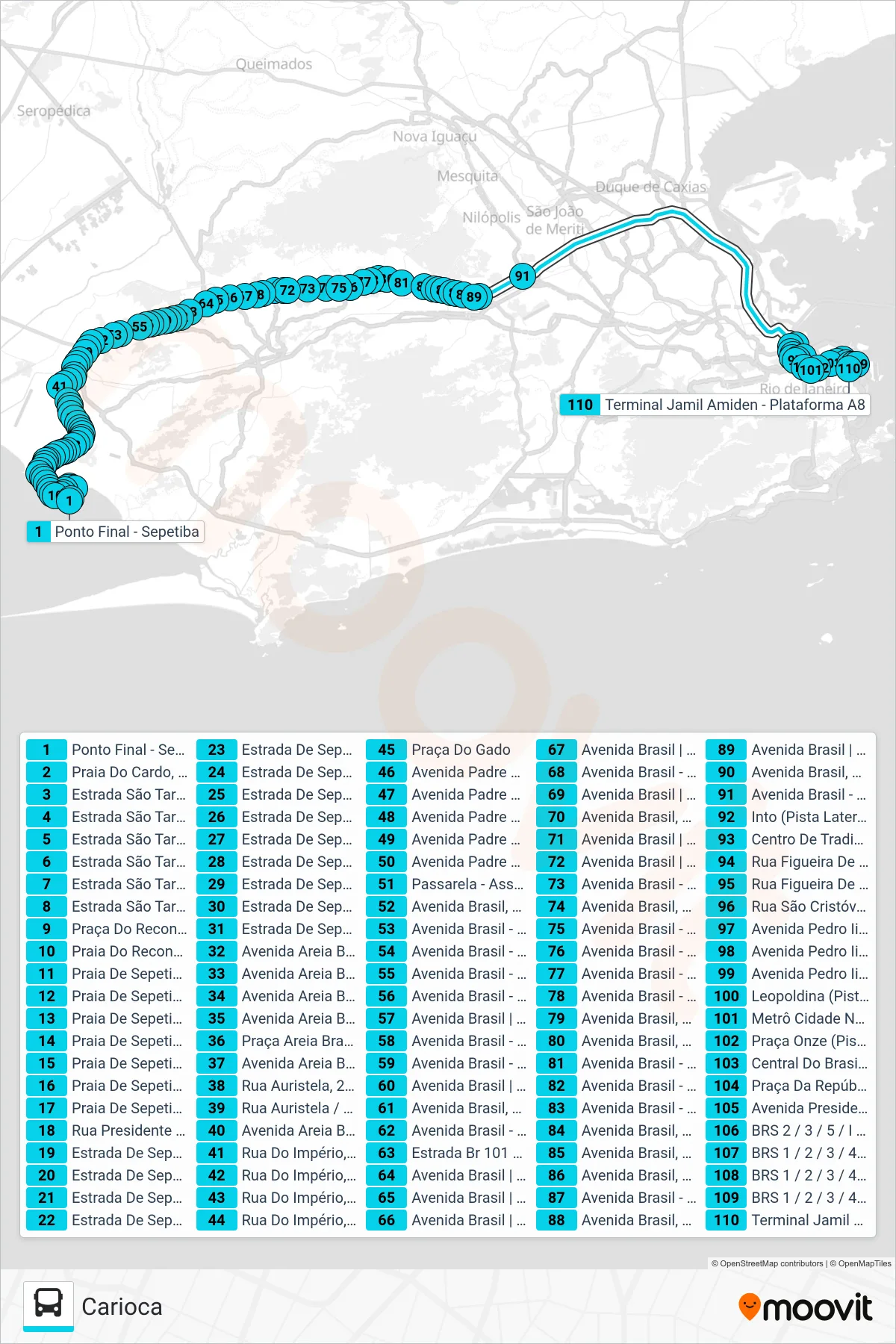 Rota e paradas da linha de ônibus 2383 (Carioca) no mapa