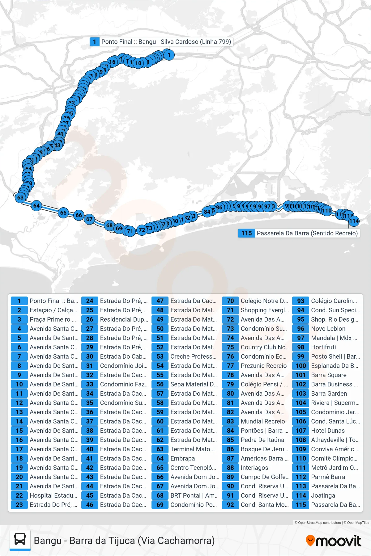 Rota e paradas da linha de ônibus 2804 (Barra Da Tijuca) no mapa
