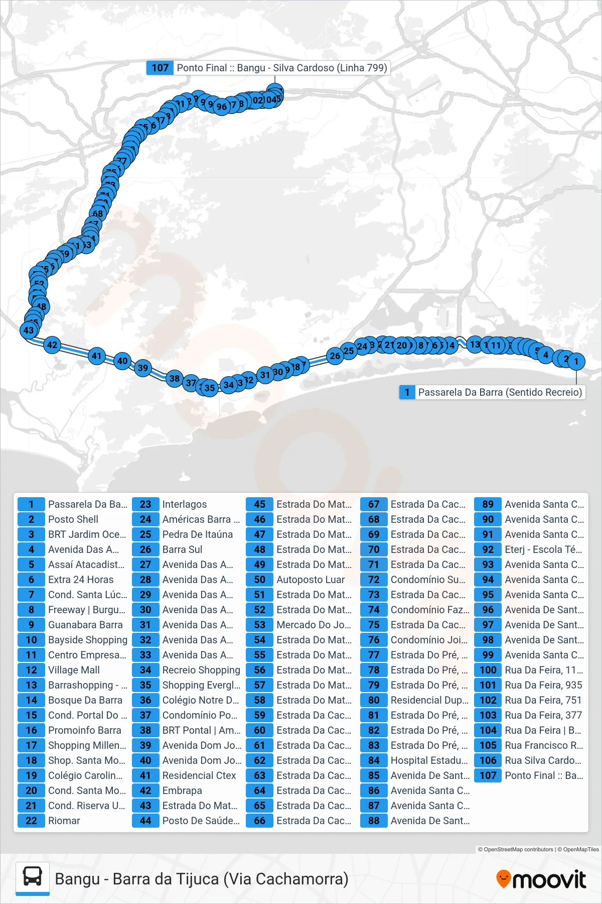 Rota e paradas da linha de ônibus 2804 (Bangu) no mapa