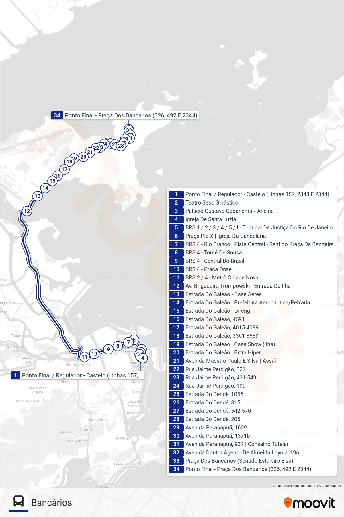 Rota e paradas da linha de ônibus 2344 (Bancários) no mapa