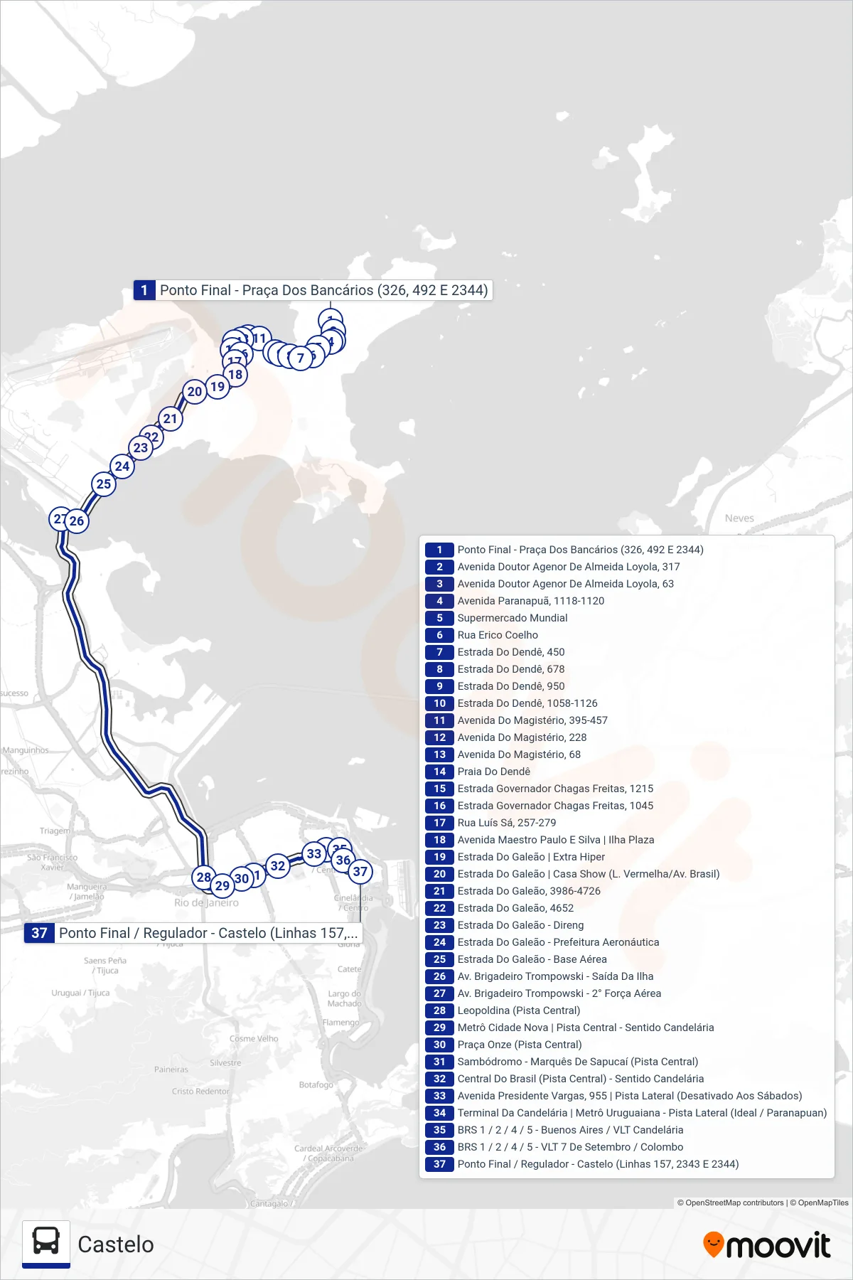 Rota e paradas da linha de ônibus 2344 (Castelo) no mapa