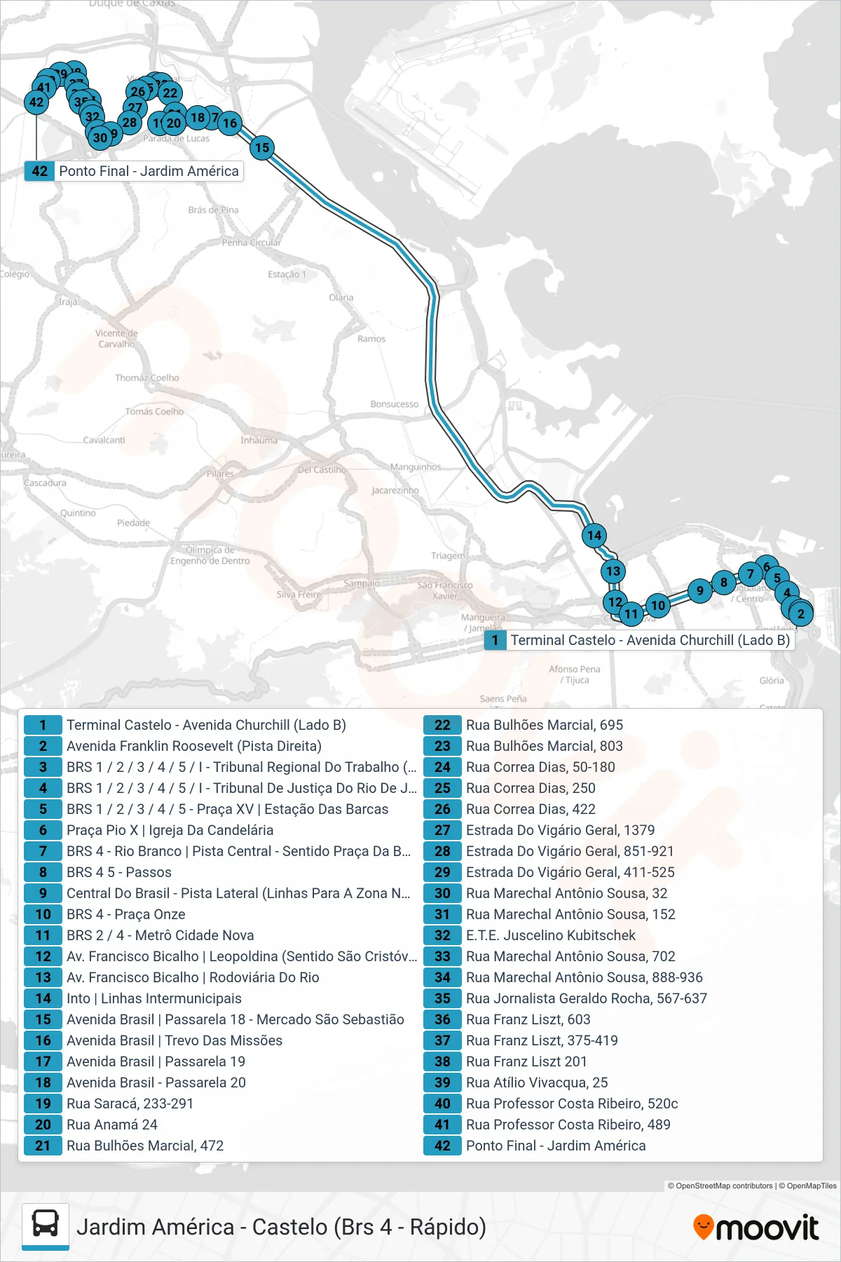Rota e paradas da linha de ônibus 2305 (Jardim América) no mapa