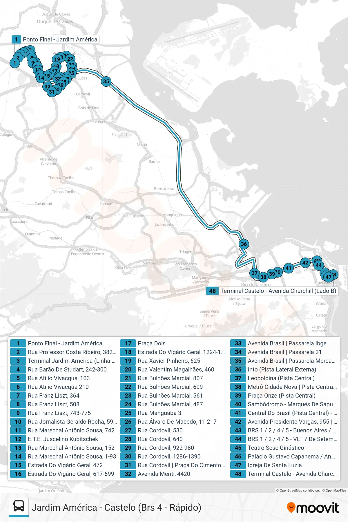Rota e paradas da linha de ônibus  2305  (Castelo) no mapa