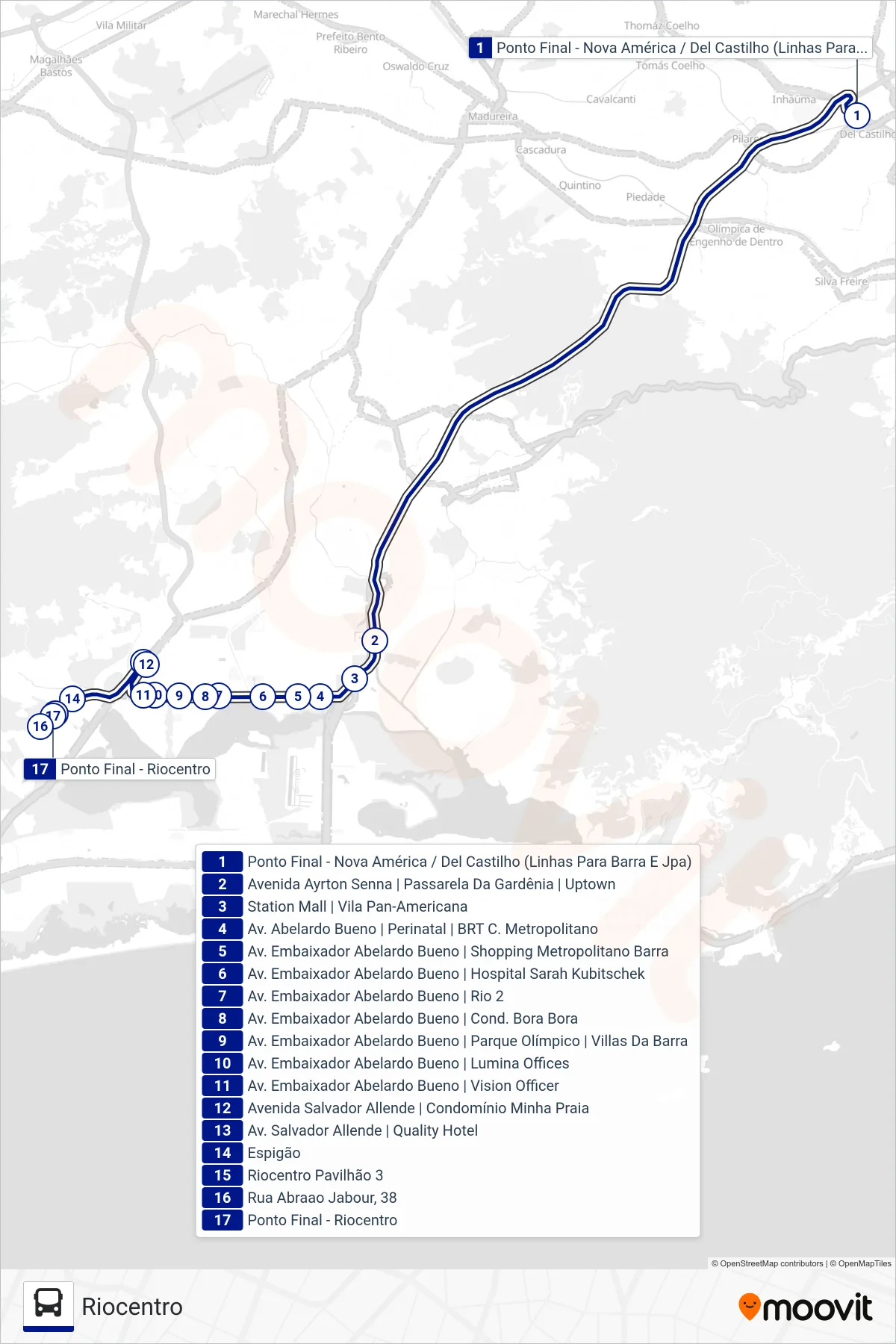 Rota e paradas da linha de ônibus 2613 (Riocentro) no mapa