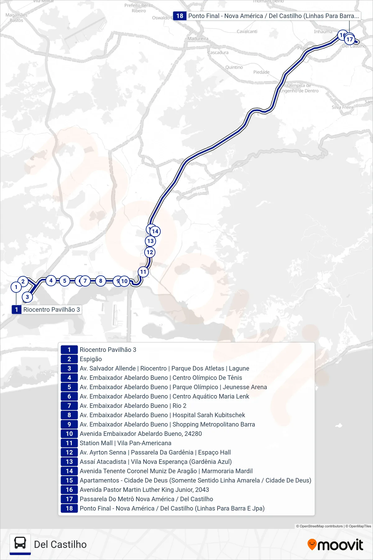 2613 bus Line (Del Castilho) route and stops on a map