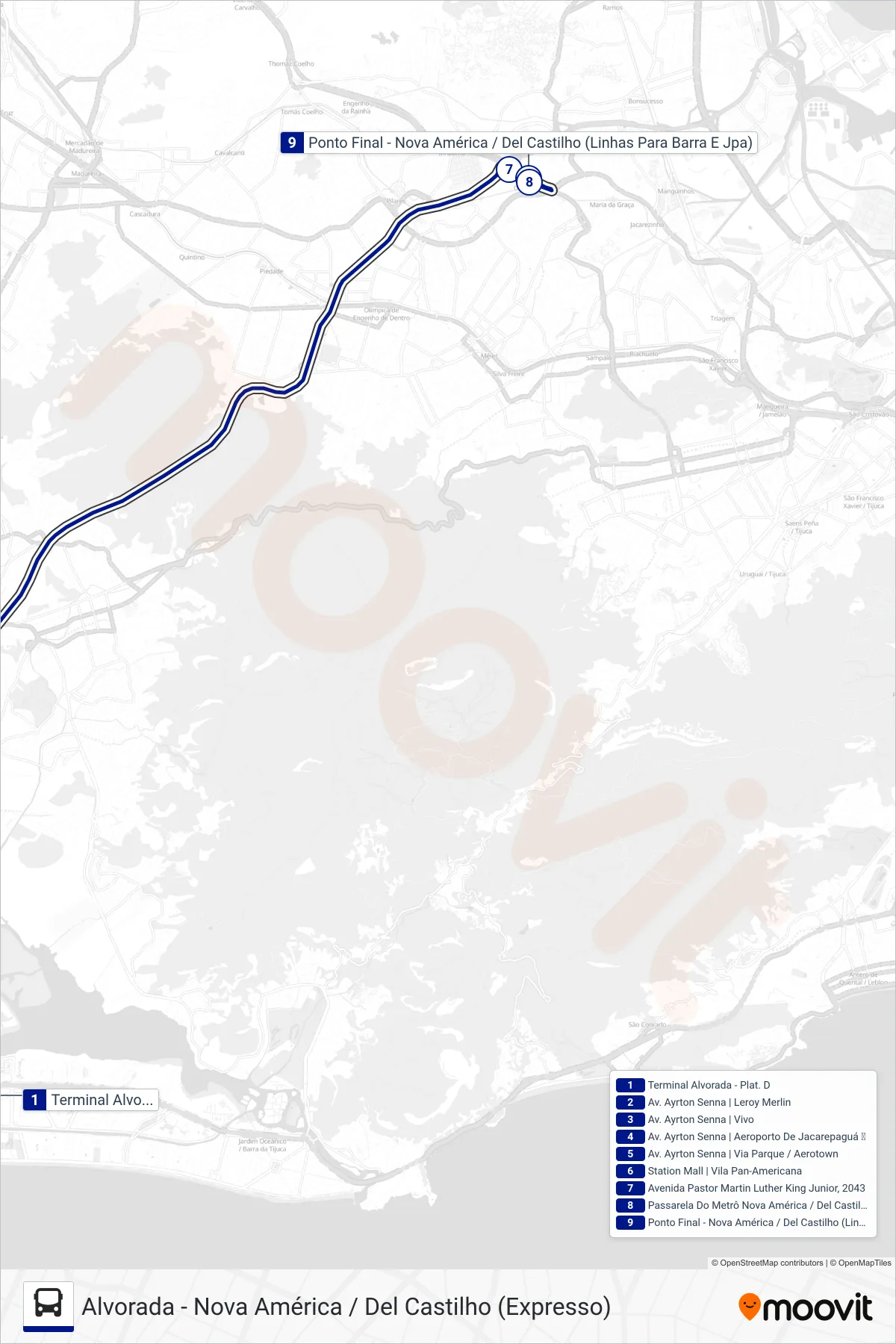 Rota e paradas da linha de ônibus  2614  (Del Castilho) no mapa
