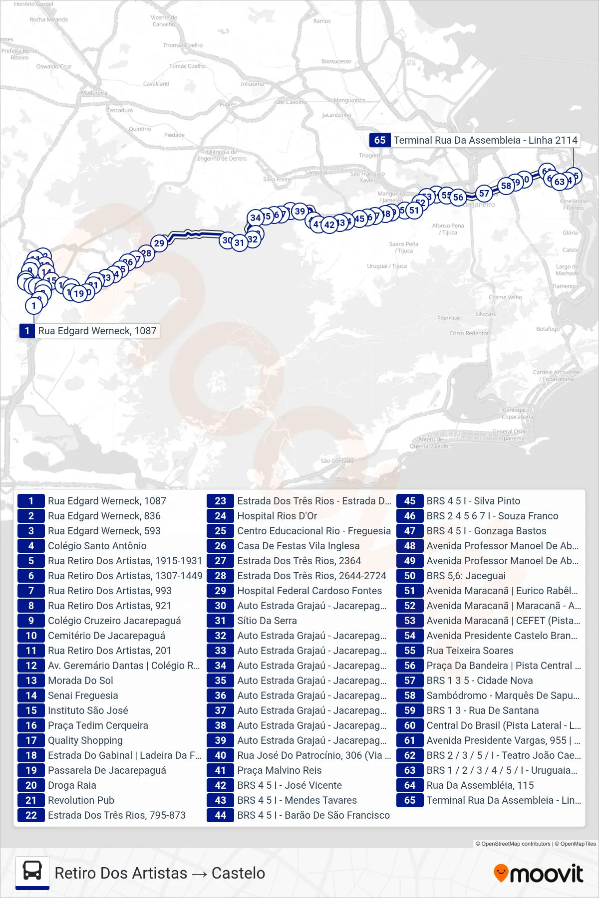 Rota e paradas da linha de ônibus 2114 (Retiro Dos Artistas → Castelo) no mapa