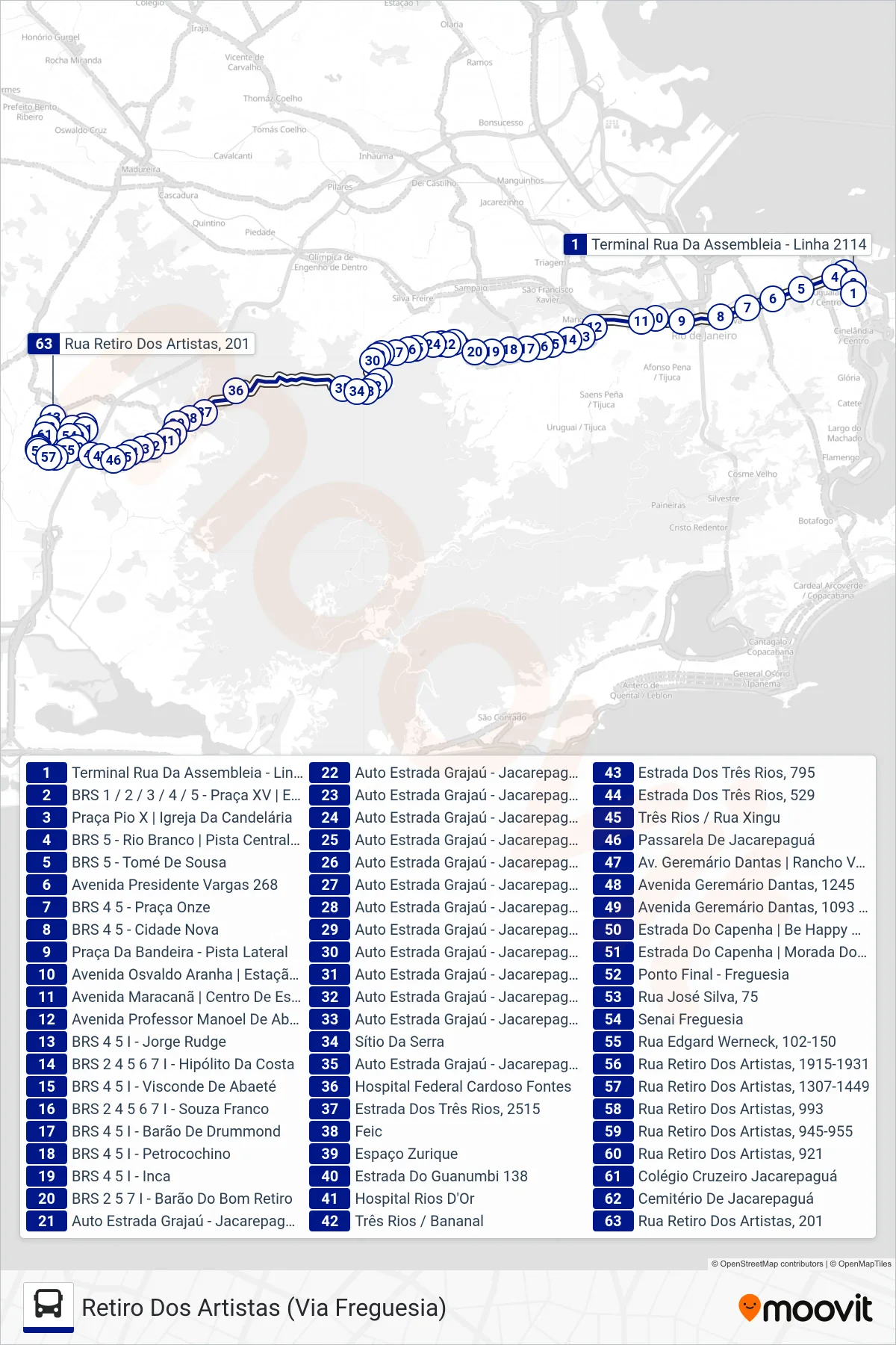Rota e paradas da linha de ônibus 2114 (Retiro Dos Artistas (Via Freguesia)) no mapa