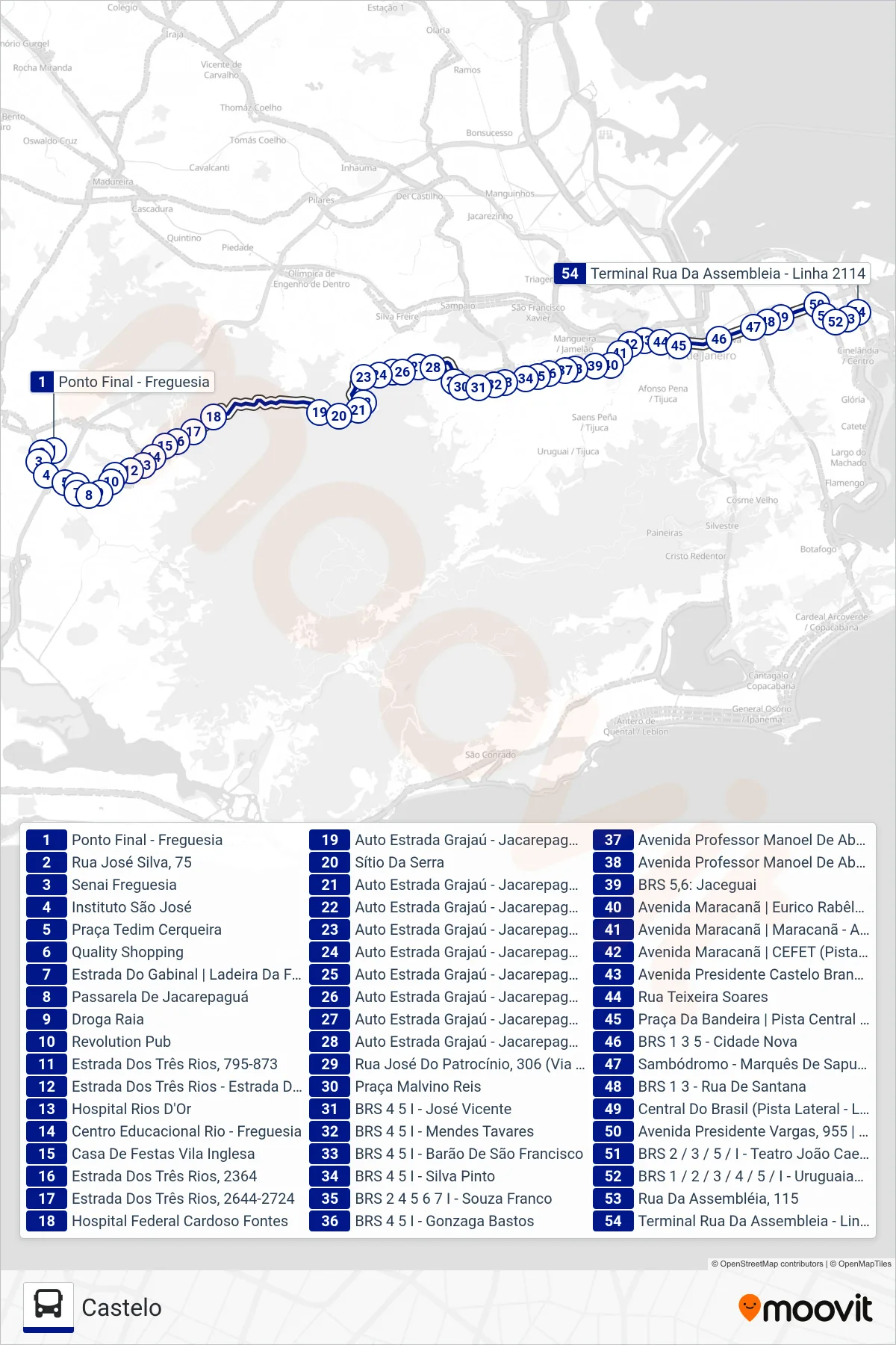 Rota e paradas da linha de ônibus  2114  (Castelo) no mapa