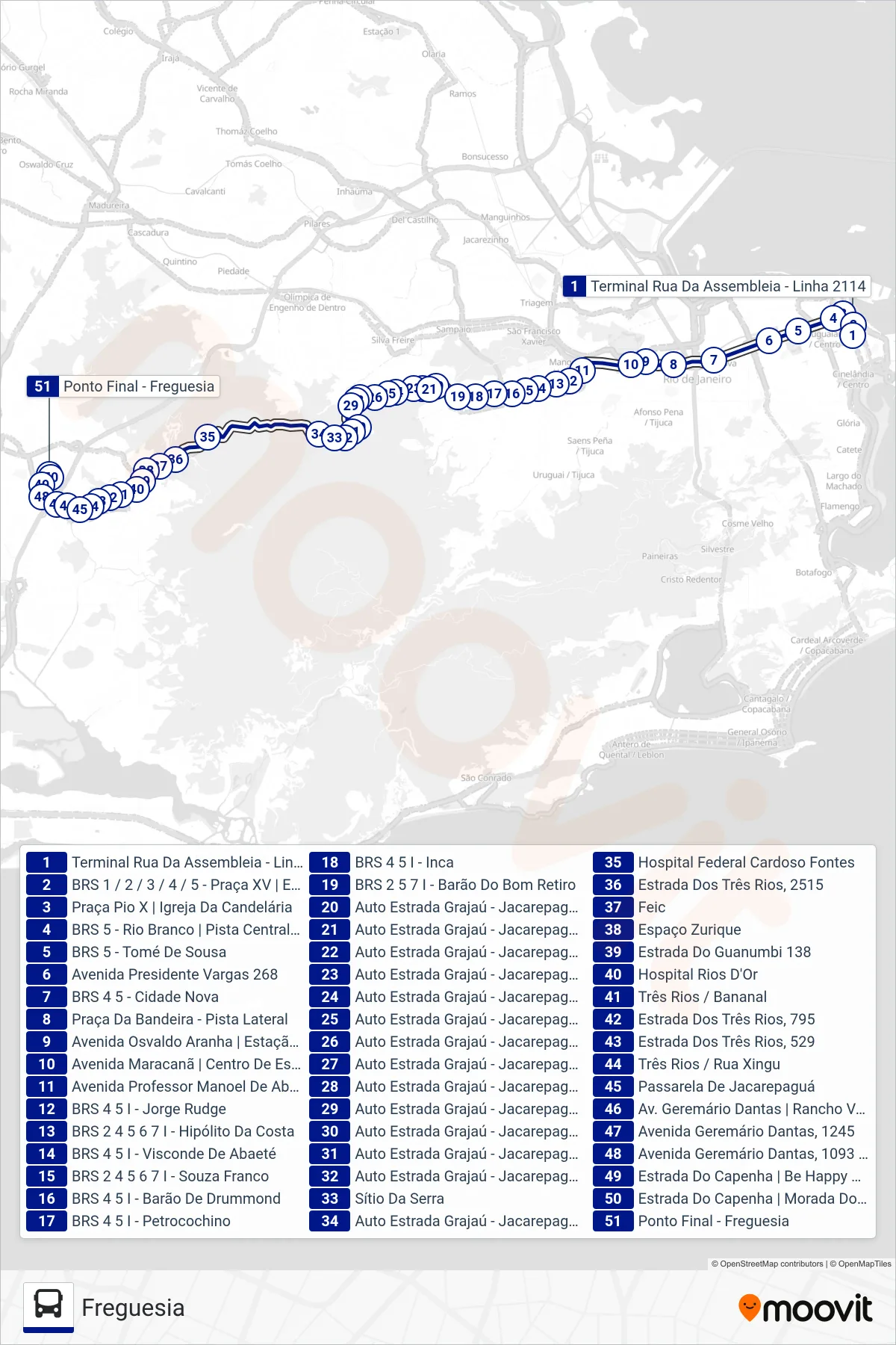 Rota e paradas da linha de ônibus 2114 (Freguesia) no mapa