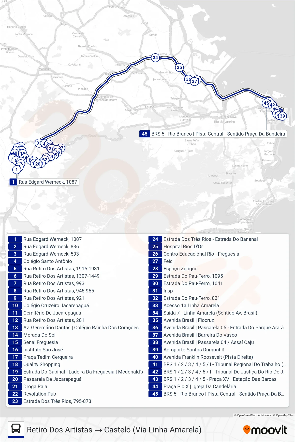 2114 bus Line (Retiro Dos Artistas → Castelo (Via Linha Amarela)) route and stops on a map