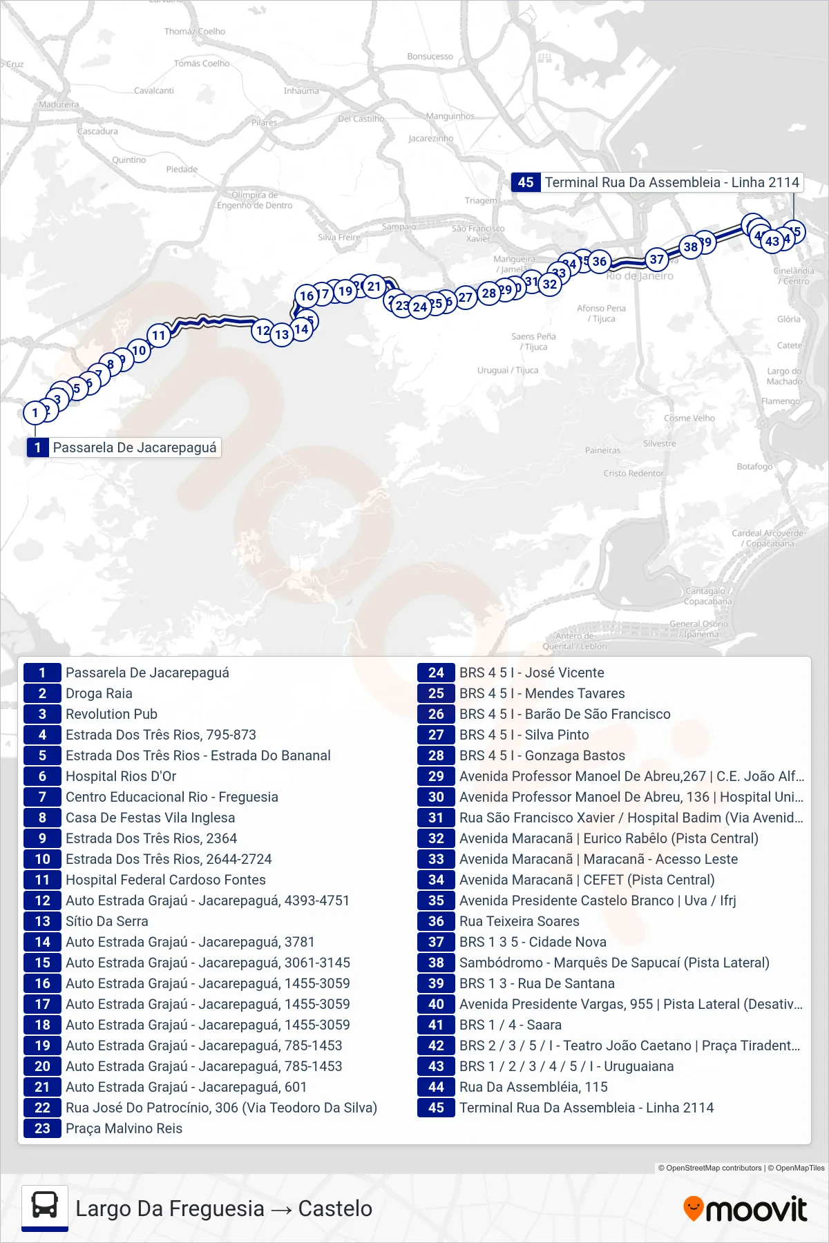 Rota e paradas da linha de ônibus 2114 (Largo Da Freguesia → Castelo) no mapa