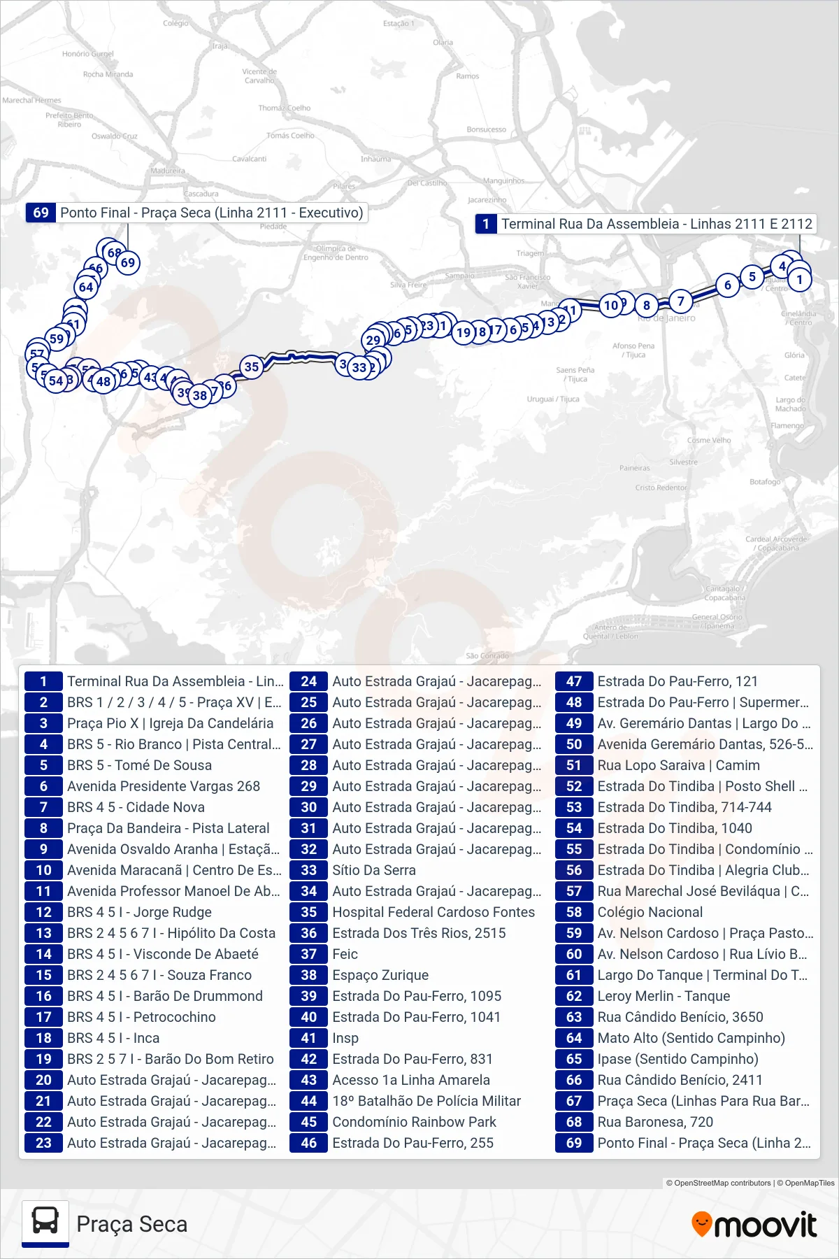 Rota e paradas da linha de ônibus 2111 (Praça Seca) no mapa