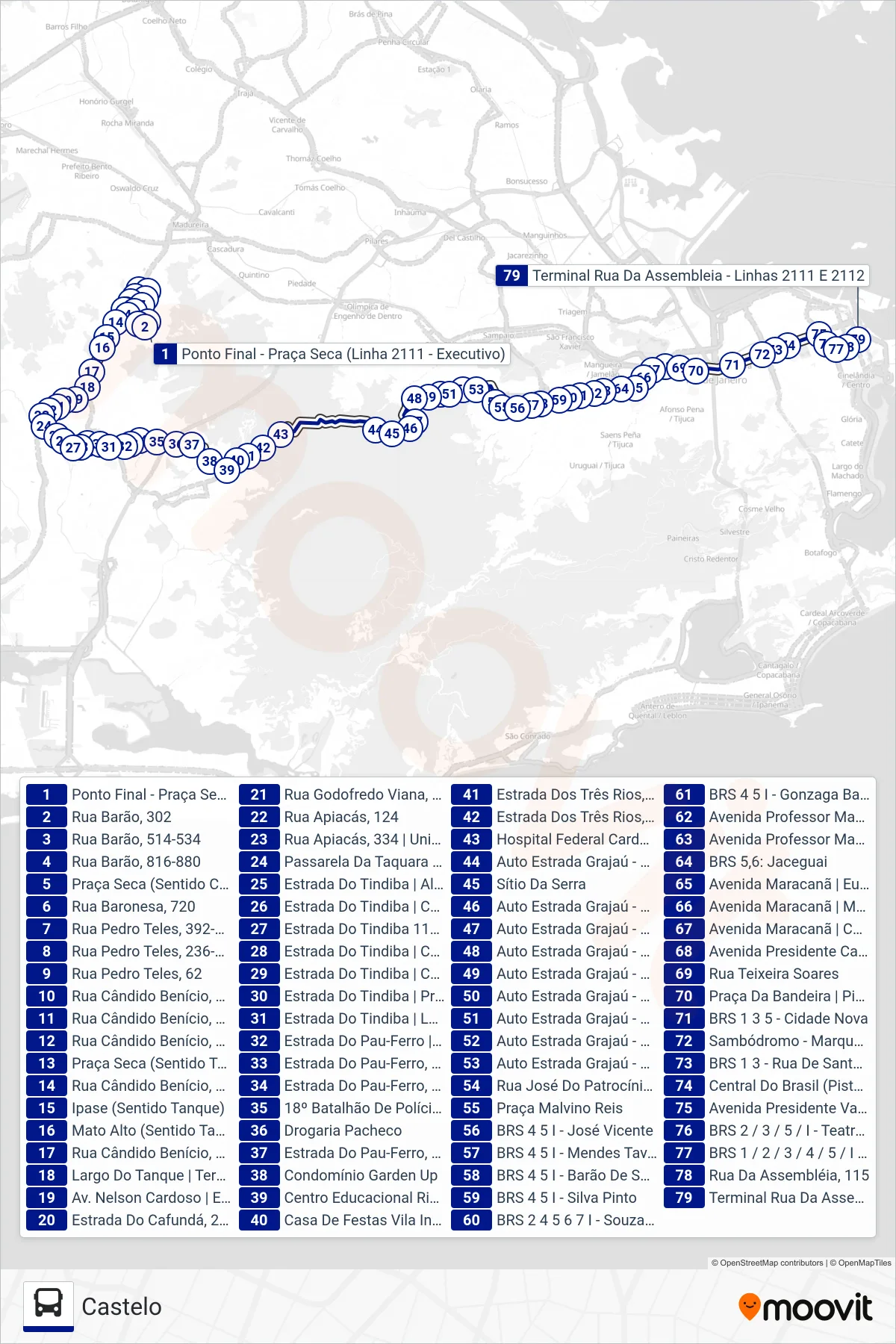 Rota e paradas da linha de ônibus  2111  (Castelo) no mapa