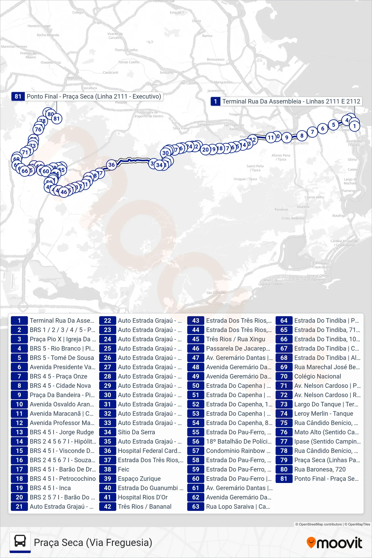 Rota e paradas da linha de ônibus 2111 (Praça Seca (Via Freguesia)) no mapa