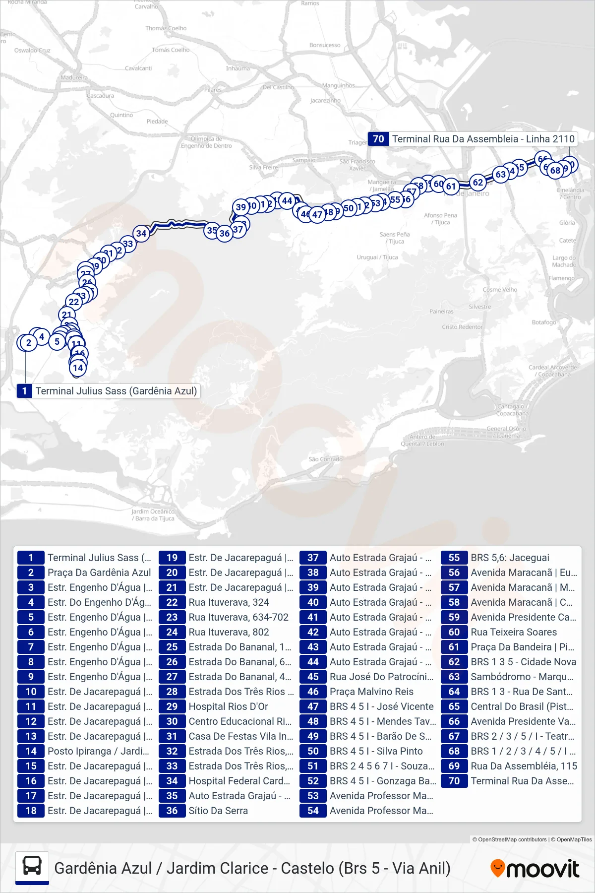 Rota e paradas da linha de ônibus 2110 (Castelo) no mapa