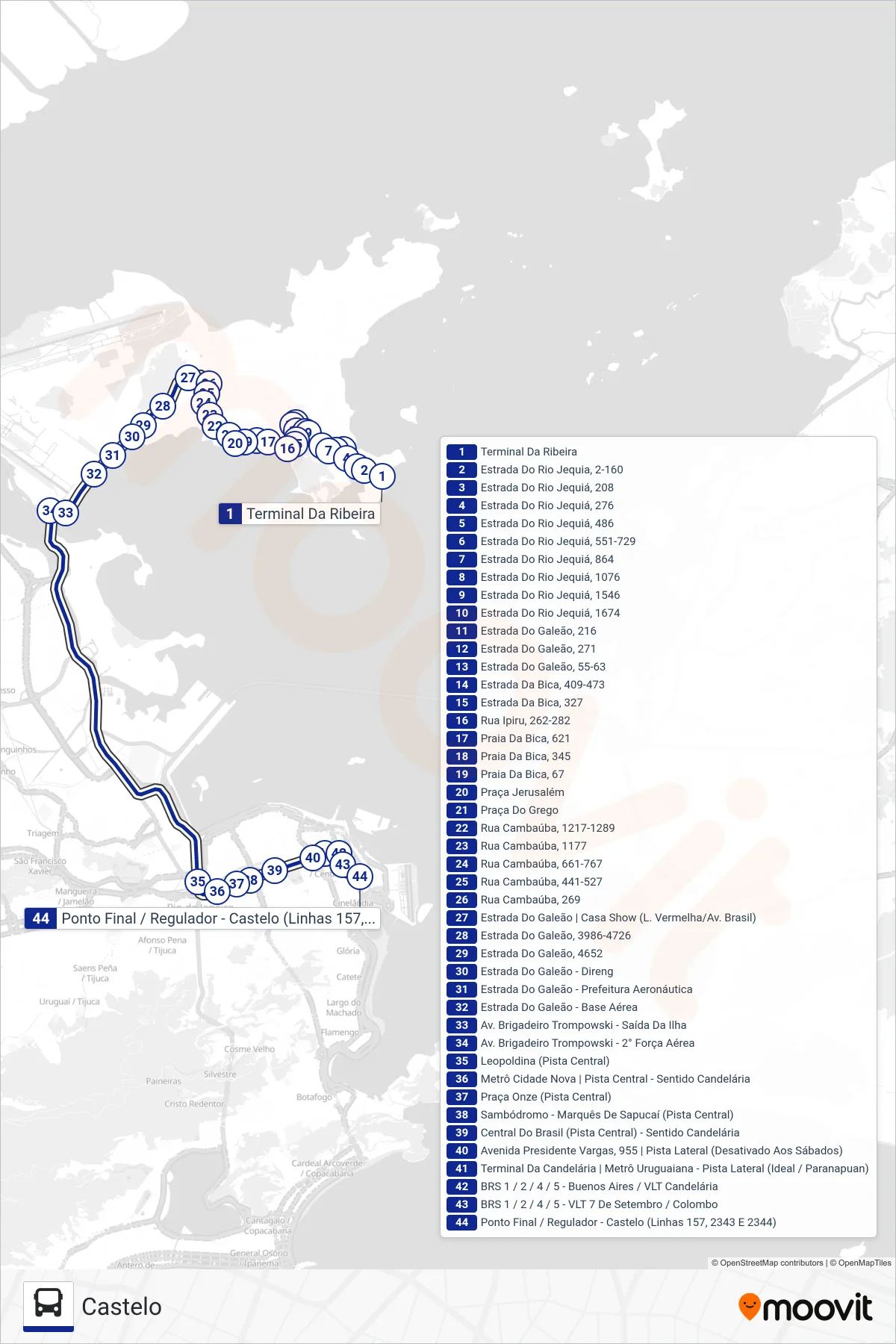 Rota e paradas da linha de ônibus  2343  (Castelo) no mapa