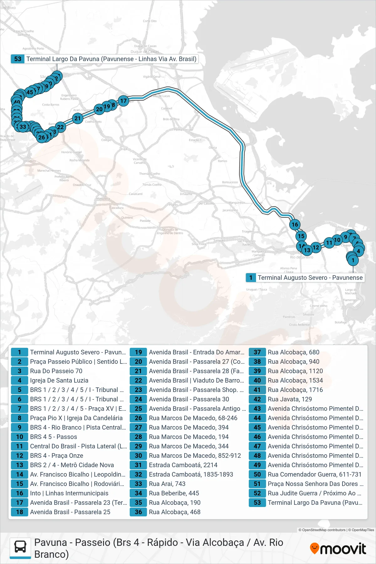 Rota e paradas da linha de ônibus 2399 (Pavuna) no mapa
