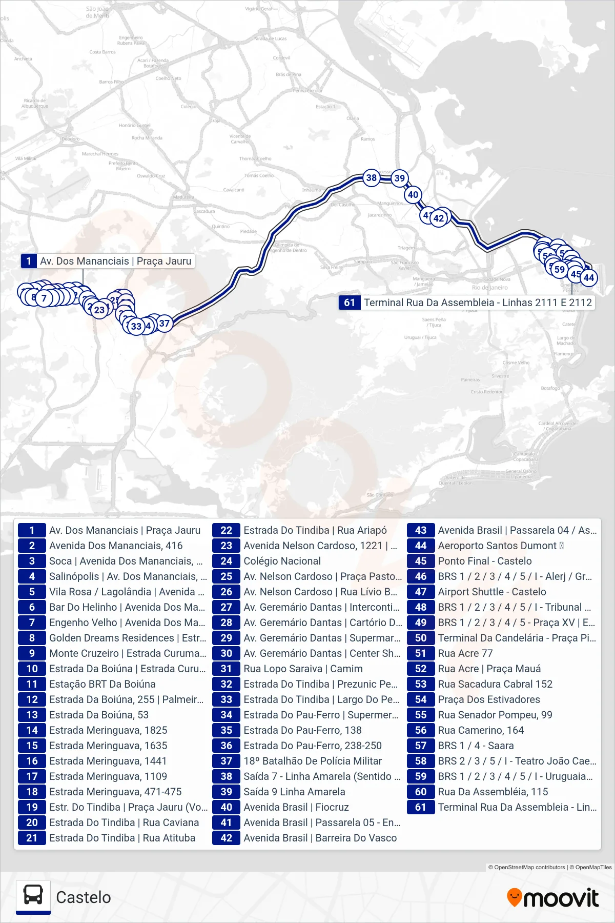 Rota e paradas da linha de ônibus 2112 (Castelo) no mapa