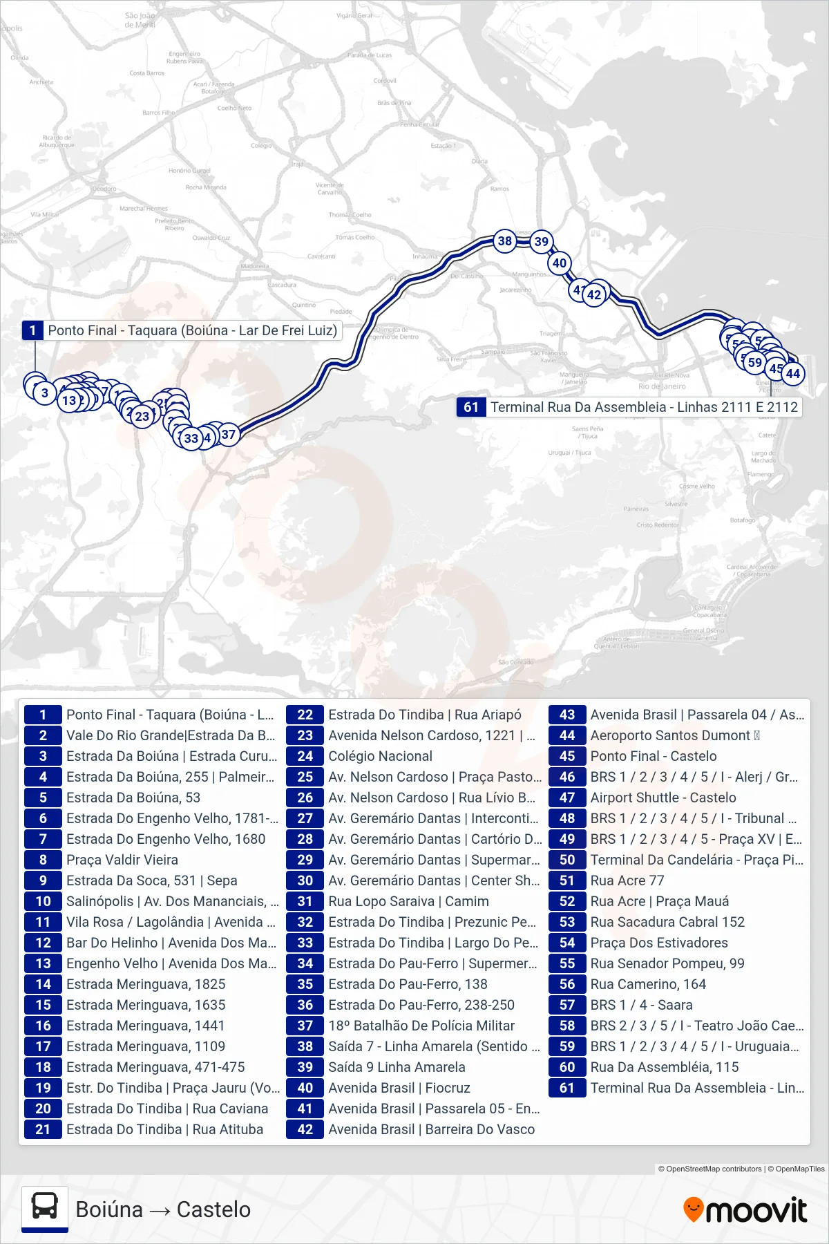 Rota e paradas da linha de ônibus 2112 (Boiúna → Castelo) no mapa
